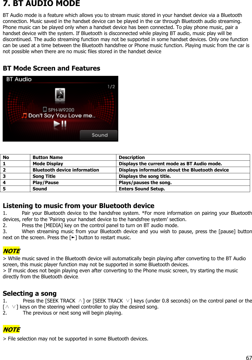 7. BT AUDIO MODE BT Audio mode is a feature which allows you to stream music stored in your handset device via a Bluetooth connection. Music saved in the handset device can be played in the car through Bluetooth audio streaming. Phone music can be played only when a handset device has been connected. To play phone music, pair a handset device with the system. If Bluetooth is disconnected while playing BT audio, music play will be discontinued. The audio streaming function may not be supported in some handset devices. Only one function can be used at a time between the Bluetooth handsfree or Phone music function. Playing music from the car is not possible when there are no music files stored in the handset device    BT Mode Screen and Features   No Button Name  Description 1  Mode Display  Displays the current mode as BT Audio mode. 2  Bluetooth device information  Displays information about the Bluetooth device 3  Song Title  Displays the song title. 4  Play/Pause    Plays/pauses the song. 5  Sound  Enters Sound Setup.  Listening to music from your Bluetooth device 1. Pair your Bluetooth device to the handsfree system. *For more information on pairing your Bluetooth devices, refer to the ‘Pairing your handset device to the handsfree system’ section.   2. Press the [MEDIA] key on the control panel to turn on BT audio mode. 3. When streaming music from your Bluetooth device and you wish to pause, press the [pause] button next on the screen. Press the [►] button to restart music.  NOTE &gt; While music saved in the Bluetooth device will automatically begin playing after converting to the BT Audio screen, this music player function may not be supported in some Bluetooth devices. &gt; If music does not begin playing even after converting to the Phone music screen, try starting the music directly from the Bluetooth device.  Selecting a song 1. Press the [SEEK TRACK  ∧] or [SEEK TRACK  ∨] keys (under 0.8 seconds) on the control panel or the [   ] keys on the steering wh∧∨ eel controller to play the desired song.   2. The previous or next song will begin playing.  NOTE &gt; File selection may not be supported in some Bluetooth devices.  67