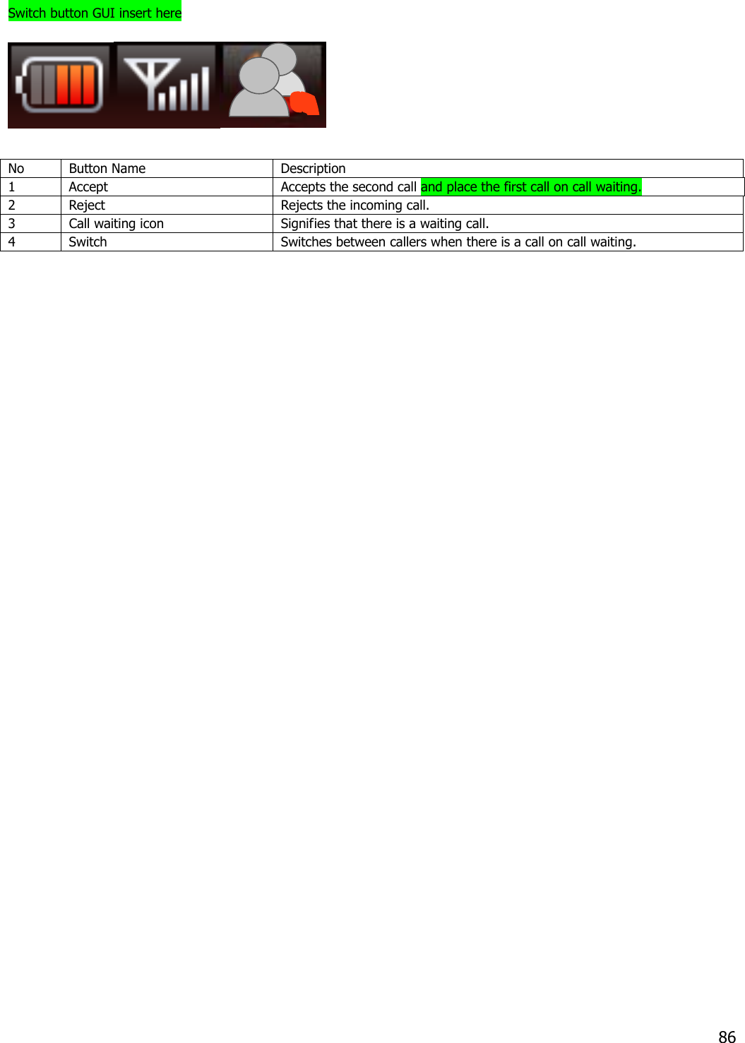  Switch button GUI insert here   No Button Name  Description 1 Accept  Accepts the second call and place the first call on call waiting. 2  Reject  Rejects the incoming call. 3  Call waiting icon  Signifies that there is a waiting call. 4  Switch  Switches between callers when there is a call on call waiting.                              86