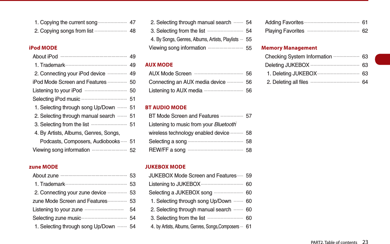   PART2. Table of contents    23%QR[KPIVJGEWTTGPVUQPI#䐙䐙䐙䐙䐙䐙䐙䐙䐙%QR[KPIUQPIUHTQONKUV#䐙䐙䐙䐙䐙䐙䐙䐙䐙䐙iPod MODE#DQWVK2QF# 䐙䐙䐙䐙䐙䐙䐙䐙䐙䐙䐙䐙䐙䐙䐙䐙䐙6TCFGOCTM䐙䐙䐙䐙䐙䐙䐙䐙䐙䐙䐙䐙䐙䐙䐙䐙䐙䐙䐙%QPPGEVKPI[QWTK2QFFGXKEG# 䐙䐙䐙䐙䐙䐙K2QF/QFG5ETGGPCPF(GCVWTGU#䐙䐙䐙䐙䐙䐙.KUVGPKPIVQ[QWTK2QF# 䐙䐙䐙䐙䐙䐙䐙䐙䐙䐙䐙䐙䐙5GNGEVKPIK2QFOWUKE#䐙䐙䐙䐙䐙䐙䐙䐙䐙䐙䐙䐙䐙䐙5GNGEVKPIVJTQWIJUQPI7R&amp;QYP# 䐙䐙䐙5GNGEVKPIVJTQWIJOCPWCNUGCTEJ# 䐙䐙䐙5GNGEVKPIHTQOVJGNKUV# 䐙䐙䐙䐙䐙䐙䐙䐙䐙䐙䐙$[#TVKUVU#NDWOU)GPTGU5QPIU2QFECUVU%QORQUGTU#WFKQDQQMU#䐙 䐙8KGYKPIUQPIKPHQTOCVKQP# 䐙䐙䐙䐙䐙䐙䐙䐙䐙zune MODE#DQWV\WPG# 䐙䐙䐙䐙䐙䐙䐙䐙䐙䐙䐙䐙䐙䐙䐙䐙䐙6TCFGOCTM䐙䐙䐙䐙䐙䐙䐙䐙䐙䐙䐙䐙䐙䐙䐙䐙䐙䐙䐙%QPPGEVKPI[QWT\WPGFGXKEG#䐙䐙䐙䐙䐙䐙\WPG/QFG5ETGGPCPF(GCVWTGU#䐙䐙䐙䐙䐙䐙.KUVGPKPIVQ[QWT\WPG# 䐙䐙䐙䐙䐙䐙䐙䐙䐙䐙䐙䐙5GNGEVKPI\WPGOWUKE#䐙䐙䐙䐙䐙䐙䐙䐙䐙䐙䐙䐙䐙䐙5GNGEVKPIVJTQWIJUQPI7R&amp;QYP# 䐙䐙䐙5GNGEVKPIVJTQWIJOCPWCNUGCTEJ# 䐙䐙䐙5GNGEVKPIHTQOVJGNKUV# 䐙䐙䐙䐙䐙䐙䐙䐙䐙䐙䐙$[5QPIU)GPTGU#NDWOU#TVKUVU2NC[NKUVU#䐙8KGYKPIUQPIKPHQTOCVKQP# 䐙䐙䐙䐙䐙䐙䐙䐙䐙AUX MODE#7:/QFG5ETGGP# 䐙䐙䐙䐙䐙䐙䐙䐙䐙䐙䐙䐙䐙䐙䐙%QPPGEVKPICP#7:OGFKCFGXKEG# 䐙䐙䐙䐙䐙.KUVGPKPIVQ#7:OGFKC# 䐙䐙䐙䐙䐙䐙䐙䐙䐙䐙䐙䐙BT AUDIO MODE$6/QFG5ETGGPCPF(GCVWTGU# 䐙䐙䐙䐙䐙䐙䐙.KUVGPKPIVQOWUKEHTQO[QWT$NWGVQQVJⓇYKTGNGUUVGEJPQNQI[GPCDNGFFGXKEG#䐙䐙䐙䐙5GNGEVKPICUQPI#䐙䐙䐙䐙䐙䐙䐙䐙䐙䐙䐙䐙䐙䐙䐙䐙䐙4&apos;9((CUQPI# 䐙䐙䐙䐙䐙䐙䐙䐙䐙䐙䐙䐙䐙䐙䐙䐙䐙JUKEBOX MODE,7-&apos;$1:/QFG5ETGGPCPF(GCVWTGU#䐙 䐙.KUVGPKPIVQ,7-&apos;$1:#䐙䐙䐙䐙䐙䐙䐙䐙䐙䐙䐙䐙䐙5GNGEVKPIC,7-&apos;$1:UQPI# 䐙䐙䐙䐙䐙䐙䐙䐙䐙5GNGEVKPIVJTQWIJUQPI7R&amp;QYP# 䐙䐙䐙5GNGEVKPIVJTQWIJOCPWCNUGCTEJ# 䐙䐙䐙5GNGEVKPIHTQOVJGNKUV# 䐙䐙䐙䐙䐙䐙䐙䐙䐙䐙䐙D[#TVKUVU#NDWOU)GPTGU5QPIU%QORQUGTU#䐙#FFKPI(CXQTKVGU#䐙䐙䐙䐙䐙䐙䐙䐙䐙䐙䐙䐙䐙䐙䐙䐙䐙2NC[KPI(CXQTKVGU# 䐙䐙䐙䐙䐙䐙䐙䐙䐙䐙䐙䐙䐙䐙䐙䐙Memory Management%JGEMKPI5[UVGO+PHQTOCVKQP#䐙䐙䐙䐙䐙䐙䐙䐙&amp;GNGVKPI,7-&apos;$1:#䐙䐙䐙䐙䐙䐙䐙䐙䐙䐙䐙䐙䐙䐙䐙&amp;GNGVKPI,7-&apos;$1:#䐙䐙䐙䐙䐙䐙䐙䐙䐙䐙䐙䐙䐙&amp;GNGVKPICNNHKNGU# 䐙䐙䐙䐙䐙䐙䐙䐙䐙䐙䐙䐙䐙䐙䐙