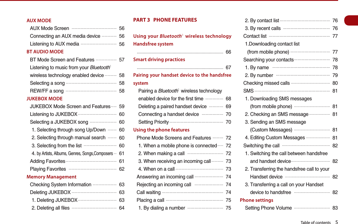   Table of contents    5AUX MODE#7:/QFG5ETGGP# 䐙䐙䐙䐙䐙䐙䐙䐙䐙䐙䐙䐙䐙䐙䐙%QPPGEVKPICP#7:OGFKCFGXKEG# 䐙䐙䐙䐙䐙.KUVGPKPIVQ#7:OGFKC# 䐙䐙䐙䐙䐙䐙䐙䐙䐙䐙䐙䐙BT AUDIO MODE$6/QFG5ETGGPCPF(GCVWTGU# 䐙䐙䐙䐙䐙䐙䐙.KUVGPKPIVQOWUKEHTQO[QWT$NWGVQQVJⓇYKTGNGUUVGEJPQNQI[GPCDNGFFGXKEG#䐙䐙䐙䐙5GNGEVKPICUQPI#䐙䐙䐙䐙䐙䐙䐙䐙䐙䐙䐙䐙䐙䐙䐙䐙䐙4&apos;9((CUQPI# 䐙䐙䐙䐙䐙䐙䐙䐙䐙䐙䐙䐙䐙䐙䐙䐙䐙JUKEBOX MODE,7-&apos;$1:/QFG5ETGGPCPF(GCVWTGU#䐙 䐙.KUVGPKPIVQ,7-&apos;$1:#䐙䐙䐙䐙䐙䐙䐙䐙䐙䐙䐙䐙䐙5GNGEVKPIC,7-&apos;$1:UQPI# 䐙䐙䐙䐙䐙䐙䐙䐙䐙5GNGEVKPIVJTQWIJUQPI7R&amp;QYP# 䐙䐙䐙5GNGEVKPIVJTQWIJOCPWCNUGCTEJ# 䐙䐙䐙5GNGEVKPIHTQOVJGNKUV# 䐙䐙䐙䐙䐙䐙䐙䐙䐙䐙䐙D[#TVKUVU#NDWOU)GPTGU5QPIU%QORQUGTU#䐙#FFKPI(CXQTKVGU#䐙䐙䐙䐙䐙䐙䐙䐙䐙䐙䐙䐙䐙䐙䐙䐙䐙2NC[KPI(CXQTKVGU# 䐙䐙䐙䐙䐙䐙䐙䐙䐙䐙䐙䐙䐙䐙䐙䐙Memory Management%JGEMKPI5[UVGO+PHQTOCVKQP#䐙䐙䐙䐙䐙䐙䐙䐙&amp;GNGVKPI,7-&apos;$1:#䐙䐙䐙䐙䐙䐙䐙䐙䐙䐙䐙䐙䐙䐙䐙&amp;GNGVKPI,7-&apos;$1:#䐙䐙䐙䐙䐙䐙䐙䐙䐙䐙䐙䐙䐙&amp;GNGVKPICNNHKNGU# 䐙䐙䐙䐙䐙䐙䐙䐙䐙䐙䐙䐙䐙䐙䐙PART 3   PHONE FEATURES Using your BluetoothⓇ wireless technology Handsfree systemŗŗŗŗŗŗŗŗŗŗŗŗŗŗŗŗŗŗŗŗŗŗŗŗSmart driving practicesŗŗŗŗŗŗŗŗŗŗŗŗŗŗŗŗŗŗŗŗŗŗŗŗPairing your handset device to the handsfree system2CKTKPIC$NWGVQQVJⓇYKTGNGUUVGEJPQNQI[GPCDNGFFGXKEGHQTVJGHKTUVVKOG# 䐙䐙䐙䐙䐙&amp;GNGVKPICRCKTGFJCPFUGVFGXKEG# 䐙䐙䐙䐙%QPPGEVKPICJCPFUGVFGXKEG# 䐙䐙䐙䐙䐙䐙5GVVKPI2TKQTKV[#䐙䐙䐙䐙䐙䐙䐙䐙䐙䐙䐙䐙䐙䐙䐙Using the phone features2JQPG/QFG5ETGGPUCPF(GCVWTGU#䐙䐙䐙9JGPCOQDKNGRJQPGKUEQPPGEVGF#䐙 䐙9JGPOCMKPICECNN# 䐙䐙䐙䐙䐙䐙䐙䐙䐙䐙䐙䐙9JGPTGEGKXKPICPKPEQOKPIECNN#䐙䐙䐙䐙9JGPQPCECNN#䐙䐙䐙䐙䐙䐙䐙䐙䐙䐙䐙䐙䐙䐙䐙䐙#PUYGTKPICPKPEQOKPIECNN#䐙䐙䐙䐙䐙䐙䐙䐙4GLGEVKPICPKPEQOKPIECNN# 䐙䐙䐙䐙䐙䐙䐙䐙%CNNYCKVKPI#䐙䐙䐙䐙䐙䐙䐙䐙䐙䐙䐙䐙䐙䐙䐙䐙䐙2NCEKPICECNN#䐙䐙䐙䐙䐙䐙䐙䐙䐙䐙䐙䐙䐙䐙䐙䐙$[FKCNKPICPWODGT# 䐙䐙䐙䐙䐙䐙䐙䐙䐙䐙$[EQPVCEVNKUV#䐙䐙䐙䐙䐙䐙䐙䐙䐙䐙䐙䐙䐙䐙$[TGEGPVECNNU# 䐙䐙䐙䐙䐙䐙䐙䐙䐙䐙䐙䐙䐙%QPVCEVNKUV# 䐙䐙䐙䐙䐙䐙䐙䐙䐙䐙䐙䐙䐙䐙䐙䐙䐙&amp;QYPNQCFKPIEQPVCEVNKUVHTQOOQDKNGRJQPG#䐙䐙䐙䐙䐙䐙䐙䐙䐙䐙䐙5GCTEJKPI[QWTEQPVCEVU#䐙䐙䐙䐙䐙䐙䐙䐙䐙䐙$[PCOG# 䐙䐙䐙䐙䐙䐙䐙䐙䐙䐙䐙䐙䐙䐙䐙䐙$[PWODGT# 䐙䐙䐙䐙䐙䐙䐙䐙䐙䐙䐙䐙䐙䐙䐙%JGEMKPIOKUUGFECNNU#䐙䐙䐙䐙䐙䐙䐙䐙䐙䐙䐙䐙䐙5/5#䐙䐙䐙䐙䐙䐙䐙䐙䐙䐙䐙䐙䐙䐙䐙䐙䐙䐙䐙䐙䐙&amp;QYPNQCFKPI5/5OGUUCIGUHTQOOQDKNGRJQPG# 䐙䐙䐙䐙䐙䐙䐙䐙䐙䐙䐙䐙%JGEMKPICP5/5OGUUCIG#䐙䐙䐙䐙䐙䐙䐙5GPFKPICP5/5OGUUCIG%WUVQO/GUUCIGU# 䐙䐙䐙䐙䐙䐙䐙䐙䐙䐙䐙䐙&apos;FKVKPI%WUVQO/GUUCIGU#䐙䐙䐙䐙䐙䐙䐙䐙5YKVEJKPIVJGECNN#䐙䐙䐙䐙䐙䐙䐙䐙䐙䐙䐙䐙䐙䐙䐙䐙5YKVEJKPIVJGECNNDGVYGGPJCPFUHTGGCPFJCPFUGVFGXKEG#䐙䐙䐙䐙䐙䐙䐙䐙䐙䐙䐙䐙䐙6TCPUHGTTKPIVJGJCPFUHTGGECNNVQ[QWT*CPFUGVFGXKEG# 䐙䐙䐙䐙䐙䐙䐙䐙䐙䐙䐙䐙䐙䐙䐙6TCPUHGTTKPICECNNQP[QWT*CPFUGVFGXKEGVQJCPFUHTGG# 䐙䐙䐙䐙䐙䐙䐙䐙䐙䐙䐙䐙Phone settings5GVVKPI2JQPG8QNWOG# 䐙䐙䐙䐙䐙䐙䐙䐙䐙䐙䐙䐙