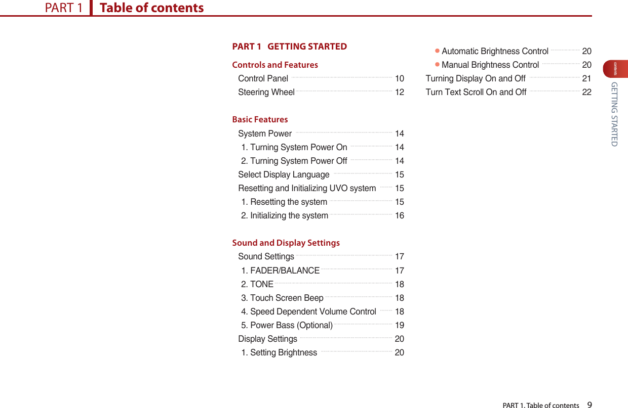   PART 1. Table of contents    9contentsPART 1   GETTING STARTED Controls and FeaturesControl Panel 󲚖󲚖󲚖󲚖󲚖󲚖󲚖󲚖󲚖󲚖󲚖󲚖󲚖󲚖󲚖󲚖󲚖󲚖󲚖󲚖󲚖󲚖󲚖󲚖 10Steering Wheel󲚖󲚖󲚖󲚖󲚖󲚖󲚖󲚖󲚖󲚖󲚖󲚖󲚖󲚖󲚖󲚖󲚖󲚖󲚖󲚖󲚖󲚖󲚖 12Basic FeaturesSystem Power 󲚖󲚖󲚖󲚖󲚖󲚖󲚖󲚖󲚖󲚖󲚖󲚖󲚖󲚖󲚖󲚖󲚖󲚖󲚖󲚖󲚖󲚖󲚖 141. Turning System Power On 󲚖󲚖󲚖󲚖󲚖󲚖󲚖󲚖󲚖󲚖 142. Turning System Power Off 󲚖󲚖󲚖󲚖󲚖󲚖󲚖󲚖󲚖󲚖 14Select Display Language 󲚖󲚖󲚖󲚖󲚖󲚖󲚖󲚖󲚖󲚖󲚖󲚖󲚖󲚖 15Resetting and Initializing UVO system 󲚖󲚖󲚖 151. Resetting the system 󲚖󲚖󲚖󲚖󲚖󲚖󲚖󲚖󲚖󲚖󲚖󲚖󲚖󲚖󲚖 152. Initializing the system󲚖󲚖󲚖󲚖󲚖󲚖󲚖󲚖󲚖󲚖󲚖󲚖󲚖󲚖󲚖 16Sound and Display SettingsSound Settings󲚖󲚖󲚖󲚖󲚖󲚖󲚖󲚖󲚖󲚖󲚖󲚖󲚖󲚖󲚖󲚖󲚖󲚖󲚖󲚖󲚖󲚖󲚖 171. FADER/BALANCE󲚖󲚖󲚖󲚖󲚖󲚖󲚖󲚖󲚖󲚖󲚖󲚖󲚖󲚖󲚖󲚖󲚖 172. TONE󲚖󲚖󲚖󲚖󲚖󲚖󲚖󲚖󲚖󲚖󲚖󲚖󲚖󲚖󲚖󲚖󲚖󲚖󲚖󲚖󲚖󲚖󲚖󲚖󲚖󲚖󲚖󲚖 183. Touch Screen Beep󲚖󲚖󲚖󲚖󲚖󲚖󲚖󲚖󲚖󲚖󲚖󲚖󲚖󲚖󲚖󲚖 184. Speed Dependent Volume Control 󲚖󲚖󲚖 185. Power Bass (Optional)󲚖󲚖󲚖󲚖󲚖󲚖󲚖󲚖󲚖󲚖󲚖󲚖󲚖󲚖 19Display Settings 󲚖󲚖󲚖󲚖󲚖󲚖󲚖󲚖󲚖󲚖󲚖󲚖󲚖󲚖󲚖󲚖󲚖󲚖󲚖󲚖󲚖󲚖 201. Setting Brightness 󲚖󲚖󲚖󲚖󲚖󲚖󲚖󲚖󲚖󲚖󲚖󲚖󲚖󲚖󲚖󲚖󲚖 20󲛌Automatic Brightness Control 󲚖󲚖󲚖󲚖󲚖󲚖󲚖 20󲛌Manual Brightness Control 󲚖󲚖󲚖󲚖󲚖󲚖󲚖󲚖󲚖 20Turning Display On and Off 󲚖󲚖󲚖󲚖󲚖󲚖󲚖󲚖󲚖󲚖󲚖󲚖 21Turn Text Scroll On and Off 󲚖󲚖󲚖󲚖󲚖󲚖󲚖󲚖󲚖󲚖󲚖󲚖 22PART 1      Table of contents GETTING STARTED