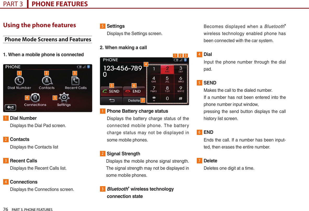 76    PART 3. PHONE FEATURESPART 3      PHONE FEATURESUsing the phone featuresPhone Mode Screens and Features1. When a mobile phone is connected1Dial NumberDisplays…the…Dial…Pad…screen.2ContactsDisplays…the…Contacts…list3Recent CallsDisplays…the…Recent…Calls…list.4ConnectionsDisplays…the…Connections…screen.5SettingsDisplays…the…Settings…screen.2. When making a call 1Phone Battery charge status…Displays… the… battery… charge… status… of… the…connected… mobile… phone.… The… batter y…charge… status… may… not… be… displayed… in…some…mobile…phones.2Signal Strength… …Displays…the…mobile…phone…signal…strength.…The…signal…strength…may…not…be…displayed…in…some…mobile…phones.3 BluetoothⓇ wireless technology connection state…Becomes… displayed… when… a… BluetoothⓇ…wireless… technology… enabled… phone… has…been…connected…with…the…car…system.4Dial…Input… the… phone… number… through… the… dial…pad.5SEND……Makes…the…call…to…the…dialed…number.…If…a…number…has…not…been…entered…into…the…phone…number…input…window,pressing…the…send…button…displays…the…call…history…list…screen.6ENDEnds…the…call.…If…a…number…has…been…input-ted,…then…erases…the…entire…number.7DeleteDeletes…one…digit…at…a…time.1 2 35421 345 67