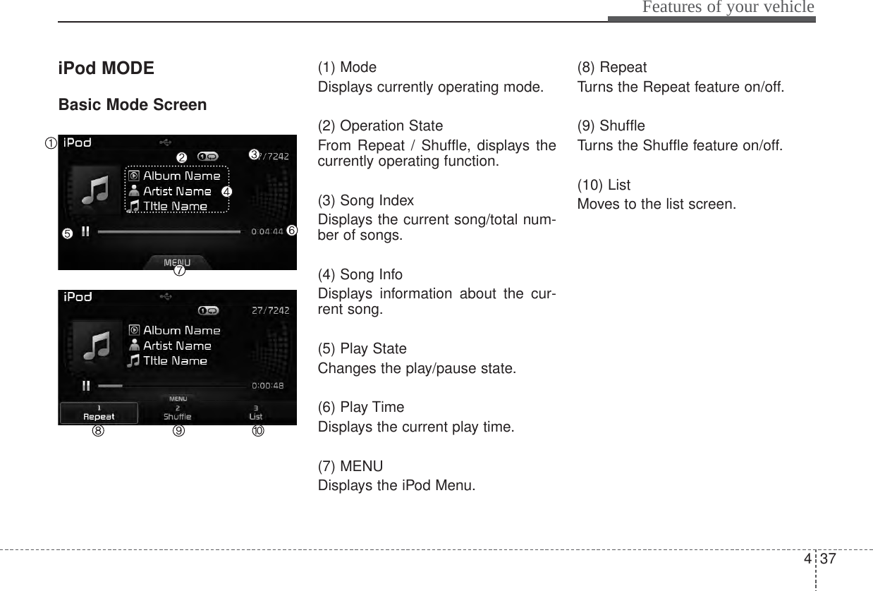 437Features of your vehicleiPod MODEBasic Mode Screen(1) ModeDisplays currently operating mode.(2) Operation StateFrom Repeat / Shuffle, displays thecurrently operating function.(3) Song IndexDisplays the current song/total num-ber of songs.(4) Song InfoDisplays information about the cur-rent song.(5) Play StateChanges the play/pause state.(6) Play TimeDisplays the current play time.(7) MENUDisplays the iPod Menu.(8) RepeatTurns the Repeat feature on/off.(9) ShuffleTurns the Shuffle feature on/off.(10) ListMoves to the list screen.