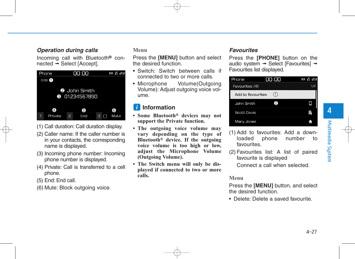 4-27Multimedia System4Operation during calls Incoming call with Bluetooth®con-nected ➟Select [Accept].(1) Call duration: Call duration display.(2) Caller name: If the caller number isin your contacts, the correspondingname is displayed.(3) Incoming phone number: Incomingphone number is displayed.(4) Private: Call is transferred to a cellphone.(5) End: End call.(6) Mute: Block outgoing voice.MenuPress the [MENU] button and selectthe desired function.• Switch: Switch between calls ifconnected to two or more calls.• Microphone Volume(OutgoingVolume): Adjust outgoing voice vol-ume.Information• Some Bluetooth®devices may notsupport the Private function.• The outgoing voice volume mayvary depending on the type ofBluetooth®device. If the outgoingvoice volume is too high or low,adjust the Microphone Volume(Outgoing Volume).• The Switch menu will only be dis-played if connected to two or morecalls.FavouritesPress the [PHONE] button on theaudio system ➟Select [Favourites] ➟Favourites list displayed.(1) Add to favourites: Add a down-loaded phone number tofavourites.(2) Favourites list: A list of pairedfavourite is displayedConnect a call when selected.MenuPress the [MENU] button, and selectthe desired function.• Delete: Delete a saved favourite.i