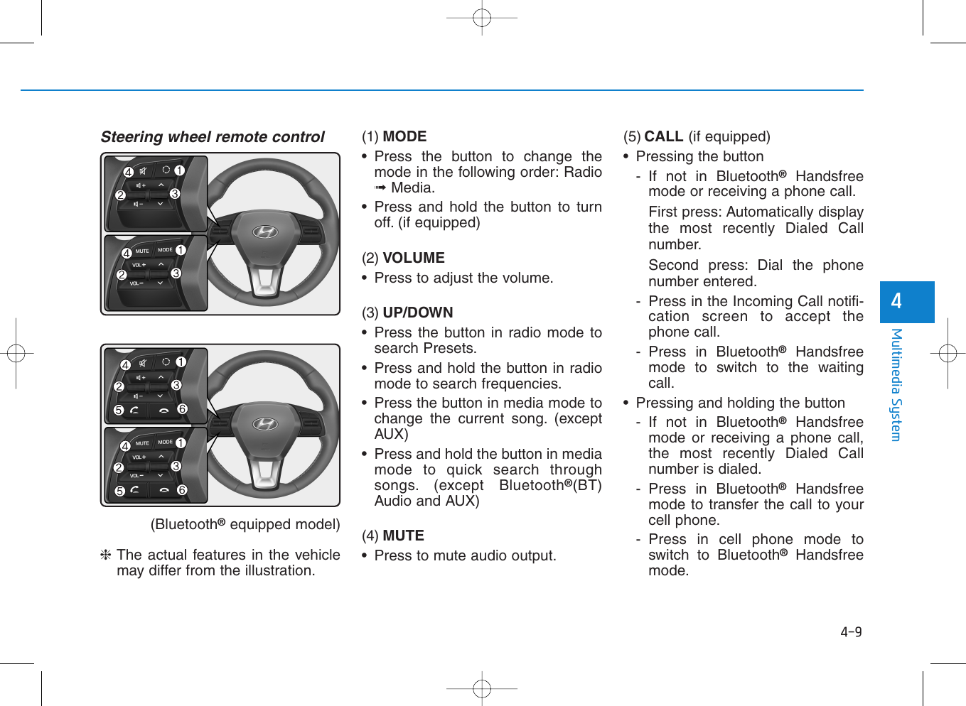 4-9Multimedia System4Steering wheel remote control(Bluetooth®equipped model)❈The actual features in the vehiclemay differ from the illustration.(1) MODE• Press the button to change themode in the following order: Radio➟Media.• Press and hold the button to turnoff. (if equipped)(2) VOLUME• Press to adjust the volume.(3) UP/DOWN• Press the button in radio mode tosearch Presets.• Press and hold the button in radiomode to search frequencies.• Press the button in media mode tochange the current song. (exceptAUX)• Press and hold the button in mediamode to quick search throughsongs. (except Bluetooth®(BT)Audio and AUX)(4) MUTE• Press to mute audio output.(5) CALL (if equipped)• Pressing the button- If not in Bluetooth®Handsfreemode or receiving a phone call.First press: Automatically displaythe most recently Dialed Callnumber.Second press: Dial the phonenumber entered.- Press in the Incoming Call notifi-cation screen to accept thephone call.- Press in Bluetooth®Handsfreemode to switch to the waitingcall.• Pressing and holding the button- If not in Bluetooth®Handsfreemode or receiving a phone call,the most recently Dialed Callnumber is dialed.- Press in Bluetooth®Handsfreemode to transfer the call to yourcell phone.- Press in cell phone mode toswitch to Bluetooth®Handsfreemode.