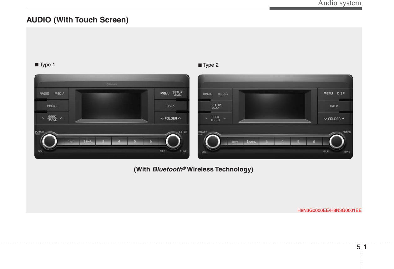 Audio system15H8N3G0000EE/H8N3G0001EE■Type 1 ■Type 2(With Bluetooth®Wireless Technology)AUDIO (With Touch Screen)