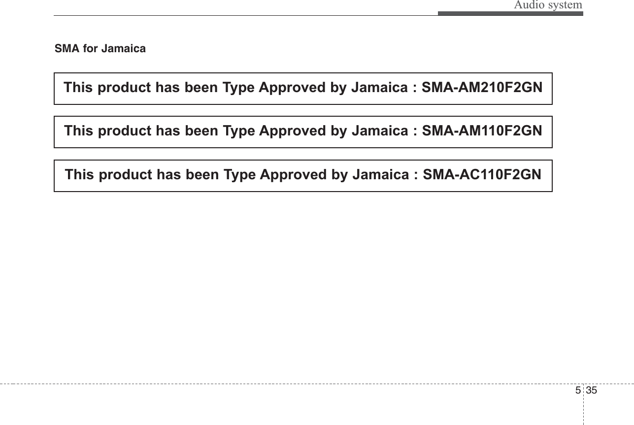 Audio system355SMA for JamaicaThis product has been Type Approved by Jamaica : SMA-AM210F2GNThis product has been Type Approved by Jamaica : SMA-AM110F2GNThis product has been Type Approved by Jamaica : SMA-AC110F2GN