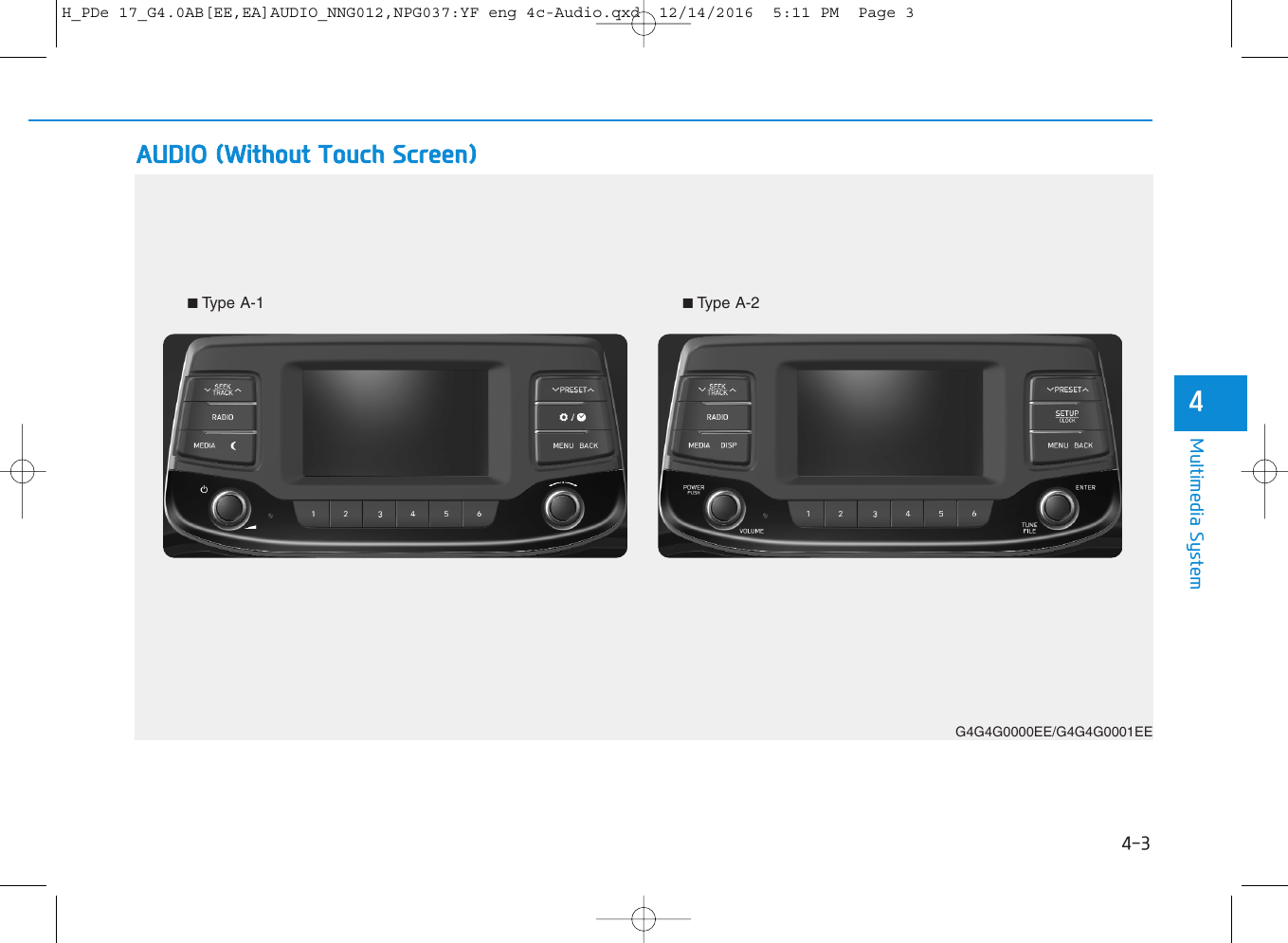 4-3Multimedia System4AUDIO (Without Touch Screen)G4G4G0000EE/G4G4G0001EE■Type A-1 ■Type A-2H_PDe 17_G4.0AB[EE,EA]AUDIO_NNG012,NPG037:YF eng 4c-Audio.qxd  12/14/2016  5:11 PM  Page 3