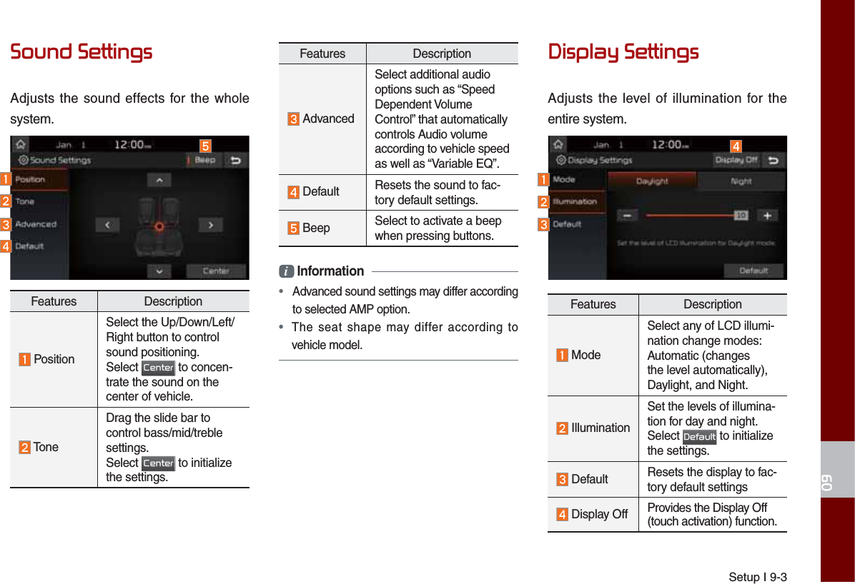 Setup I 9-36RXQG6HWWLQJVAdjusts the sound effects for the whole system.Features Description PositionSelect the Up/Down/Left/Right button to control sound positioning.Select &amp;HQWHU to concen-trate the sound on the center of vehicle. ToneDrag the slide bar to control bass/mid/treble settings.Select &amp;HQWHU to initialize the settings.Features Description AdvancedSelect additional audio options such as “Speed Dependent Volume Control” that automatically controls Audio volume according to vehicle speed as well as “Variable EQ”. Default Resets the sound to fac-tory default settings. Beep Select to activate a beep when pressing buttons.i Information•   Advanced sound settings may differ according to selected AMP option. • The seat shape may differ according to vehicle model.&apos;LVSOD\6HWWLQJVAdjusts the level of illumination for theentire system.Features Description ModeSelect any of LCD illumi-nation change modes:Automatic (changesthe level automatically),Daylight, and Night. IlluminationSet the levels of illumina-tion for day and night.Select &apos;HIDXOW to initializethe settings. Default Resets the display to fac-tory default settings Display Off Provides the Display Off (touch activation) function.