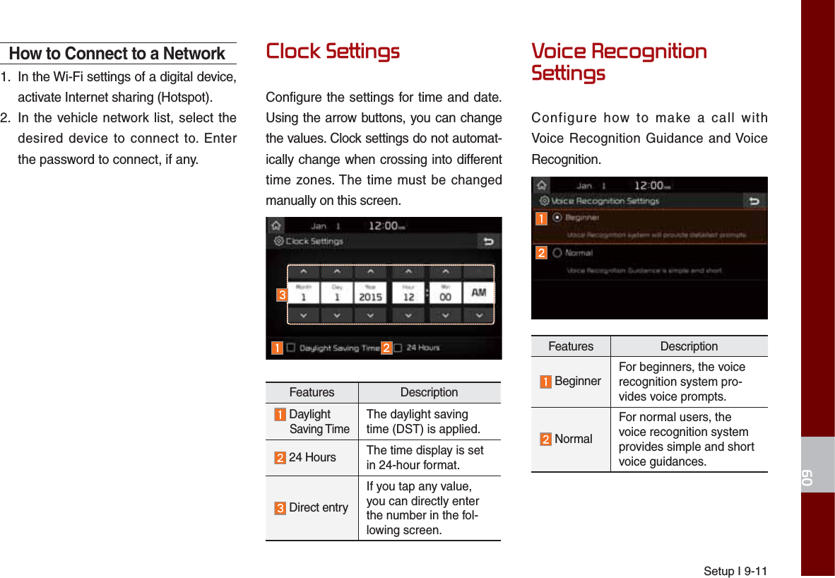 Setup I 9-11How to Connect to a Network1.  In the Wi-Fi settings of a digital device, activate Internet sharing (Hotspot).2.   In the vehicle network list, select the desired device to connect to. Enter the password to connect, if any.&amp;ORFN6HWWLQJVConfigure the settings for time and date.Using the arrow buttons, you can change the values. Clock settings do not automat-ically change when crossing into different time zones. The time must be changed manually on this screen.Features Description Daylight     Saving TimeThe daylight saving time (DST) is applied.  24 Hours The time display is set in 24-hour format.  Direct entryIf you tap any value, you can directly enter the number in the fol-lowing screen.9RLFH5HFRJQLWLRQ6HWWLQJVConfigure how to make a call with Voice Recognition Guidance and Voice Recognition.Features Description  BeginnerFor beginners, the voicerecognition system pro-vides voice prompts.  NormalFor normal users, the voice recognition system provides simple and short voice guidances.