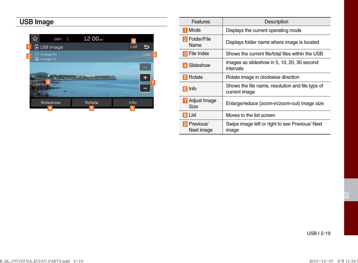 USB I 2-1902USB ImageFeatures Description Mode Displays the current operating mode  Folder/File  Name  Displays folder name where image is located File Index  Shows the current file/total files within the USB Slideshow  images as slideshow in 5, 10, 20, 30 second intervals Rotate  Rotate image in clockwise direction Info Shows the file name, resolution and file type of current image  Adjust Image Size Enlarge/reduce (zoom-in/zoom-out) image size List Moves to the list screen  Previous/  Next imageSwipe image left or right to see Previous/ Next imageK_QL_UVO3[USA_EU]AV_PART2.indd   2-19K_QL_UVO3[USA_EU]AV_PART2.indd   2-19 2015-12-07   오전 11:34:522015-12-07   오전 11:34:5