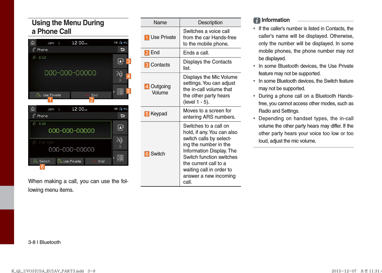 3-8 I BluetoothUsing the Menu During a Phone CallWhen making a call, you can use the fol-lowing menu items.Name Description Use PrivateSwitches a voice call from the car Hands-free to the mobile phone. End Ends a call. Contacts  Displays the Contacts list.  Outgoing  VolumeDisplays the Mic Volume settings. You can adjust the in-call volume that the other party hears (level 1 - 5). Keypad Moves to a screen for entering ARS numbers. SwitchSwitches to a call on hold, if any. You can also switch calls by select-ing the number in the Information Display. The Switch function switches the current call to a waiting call in order to answer a new incoming call.i Information•  If the caller&apos;s number is listed in Contacts, thecaller&apos;s name will be displayed. Otherwise, only the number will be displayed. In some mobile phones, the phone number may not be displayed.•  In some Bluetooth devices, the Use Privatefeature may not be supported. •  In some Bluetooth devices, the Switch feature may not be supported.•  During a phone call on a Bluetooth Hands-free, you cannot access other modes, such as Radio and Settings. •  Depending on handset types, the in-callvolume the other party hears may differ. If theother party hears your voice too low or tooloud, adjust the mic volume.K_QL_UVO3[USA_EU]AV_PART3.indd   3-8K_QL_UVO3[USA_EU]AV_PART3.indd   3-8 2015-12-07   오전 11:31:492015-12-07   오전 11:31:4