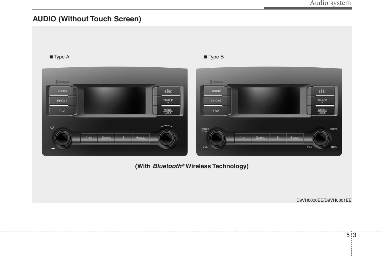 Audio system35D9VH0000EE/D9VH0001EE■Type A ■Type B(With Bluetooth®Wireless Technology)AUDIO (Without Touch Screen)