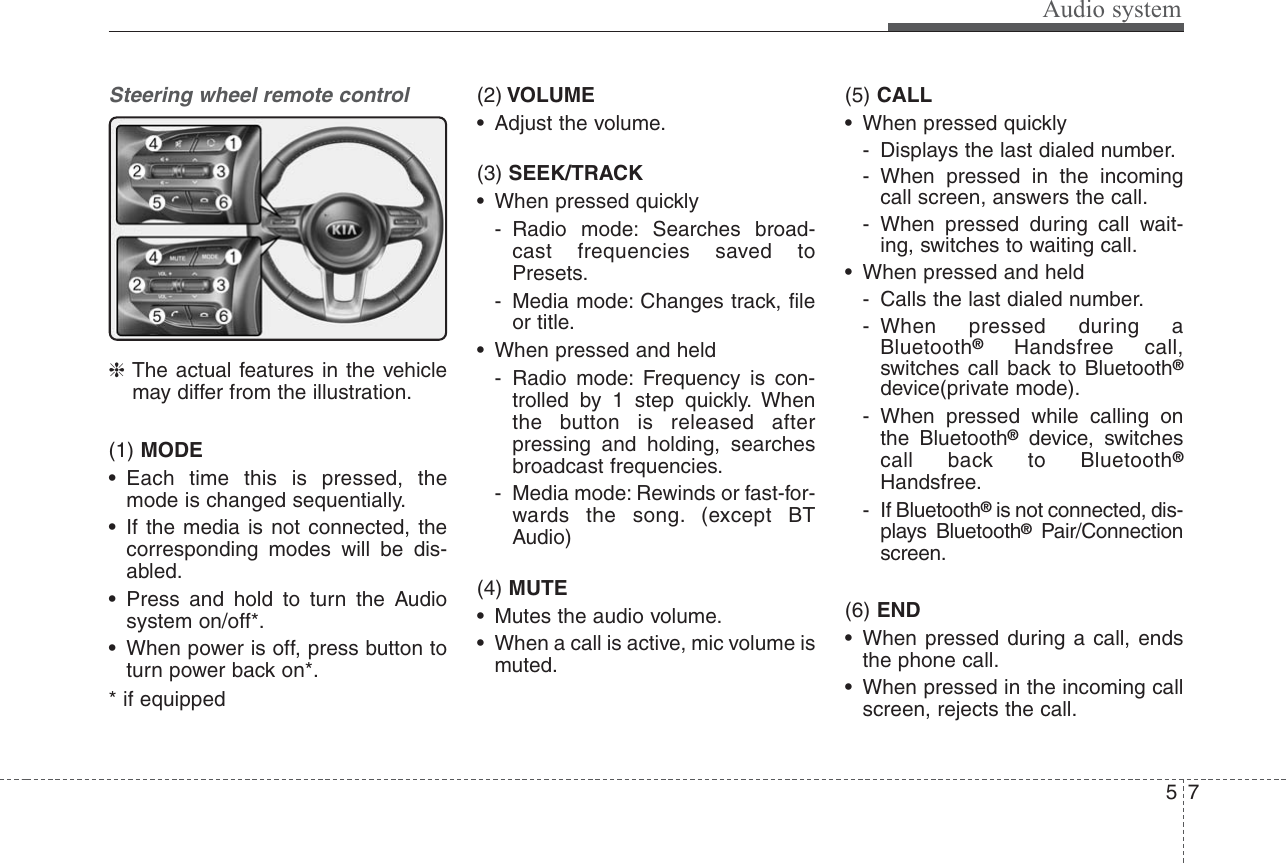 Audio system75Steering wheel remote control❈The actual features in the vehiclemay differ from the illustration.(1) MODE• Each time this is pressed, themode is changed sequentially.• If the media is not connected, thecorresponding modes will be dis-abled.• Press and hold to turn the Audiosystem on/off*.• When power is off, press button toturn power back on*.* if equipped(2) VOLUME• Adjust the volume.(3) SEEK/TRACK• When pressed quickly- Radio mode: Searches broad-cast frequencies saved toPresets.- Media mode: Changes track, fileor title.• When pressed and held- Radio mode: Frequency is con-trolled by 1 step quickly. Whenthe button is released afterpressing and holding, searchesbroadcast frequencies.- Media mode: Rewinds or fast-for-wards the song. (except BTAudio)(4) MUTE• Mutes the audio volume.• When a call is active, mic volume ismuted.(5) CALL• When pressed quickly- Displays the last dialed number.- When pressed in the incomingcall screen, answers the call.- When pressed during call wait-ing, switches to waiting call.• When pressed and held- Calls the last dialed number.- When pressed during aBluetooth®Handsfree call,switches call back to Bluetooth®device(private mode).- When pressed while calling onthe Bluetooth®device, switchescall back to Bluetooth®Handsfree.- If Bluetooth®is not connected, dis-plays Bluetooth®Pair/Connectionscreen.(6) END• When pressed during a call, endsthe phone call.• When pressed in the incoming callscreen, rejects the call.