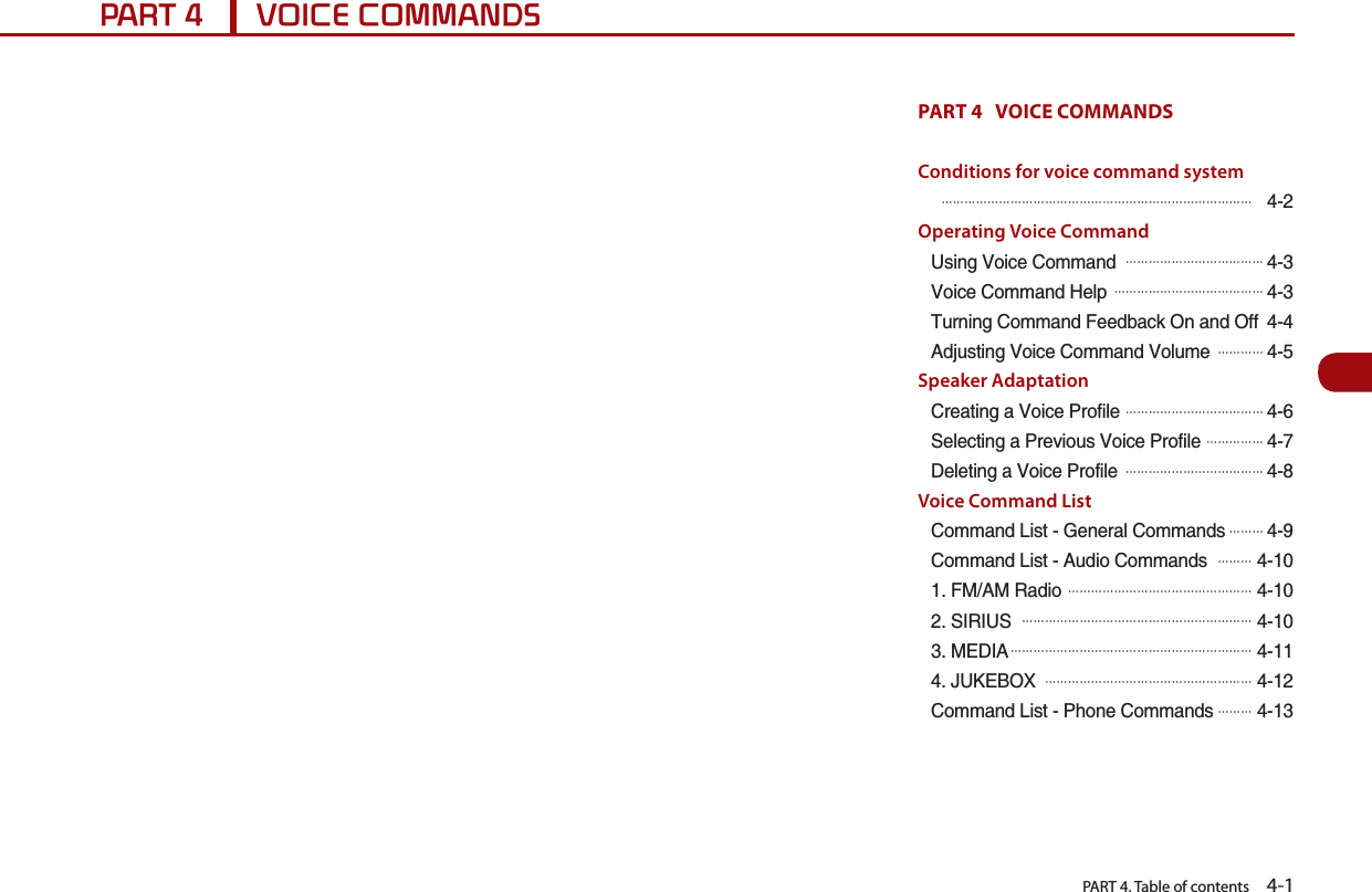   PART 4. Table of contents    4-13$5792,&amp;(&amp;200$1&apos;6PART 4   VOICE COMMANDS Conditions for voice command system# 䐙䐙䐙䐙䐙䐙䐙䐙䐙䐙䐙䐙䐙䐙䐙䐙䐙䐙䐙䐙䐙䐙䐙䐙䐙䐙䐙Operating Voice Command7UKPI8QKEG%QOOCPF# 䐙䐙䐙䐙䐙䐙䐙䐙䐙䐙䐙䐙8QKEG%QOOCPF*GNR# 䐙䐙䐙䐙䐙䐙䐙䐙䐙䐙䐙䐙䐙6WTPKPI%QOOCPF(GGFDCEM1PCPF1HH##FLWUVKPI8QKEG%QOOCPF8QNWOG# 䐙䐙䐙䐙Speaker Adaptation%TGCVKPIC8QKEG2TQHKNG# 䐙䐙䐙䐙䐙䐙䐙䐙䐙䐙䐙䐙5GNGEVKPIC2TGXKQWU8QKEG2TQHKNG# 䐙䐙䐙䐙䐙&amp;GNGVKPIC8QKEG2TQHKNG# 䐙䐙䐙䐙䐙䐙䐙䐙䐙䐙䐙䐙Voice Command List%QOOCPF.KUV)GPGTCN%QOOCPFU#䐙䐙䐙%QOOCPF.KUV#WFKQ%QOOCPFU# 䐙䐙䐙(/#/4CFKQ# 䐙䐙䐙䐙䐙䐙䐙䐙䐙䐙䐙䐙䐙䐙䐙䐙5+4+75# 䐙䐙䐙䐙䐙䐙䐙䐙䐙䐙䐙䐙䐙䐙䐙䐙䐙䐙䐙䐙/&apos;&amp;+##䐙䐙䐙䐙䐙䐙䐙䐙䐙䐙䐙䐙䐙䐙䐙䐙䐙䐙䐙䐙䐙,7-&apos;$1:# 䐙䐙䐙䐙䐙䐙䐙䐙䐙䐙䐙䐙䐙䐙䐙䐙䐙䐙%QOOCPF.KUV2JQPG%QOOCPFU#䐙䐙䐙