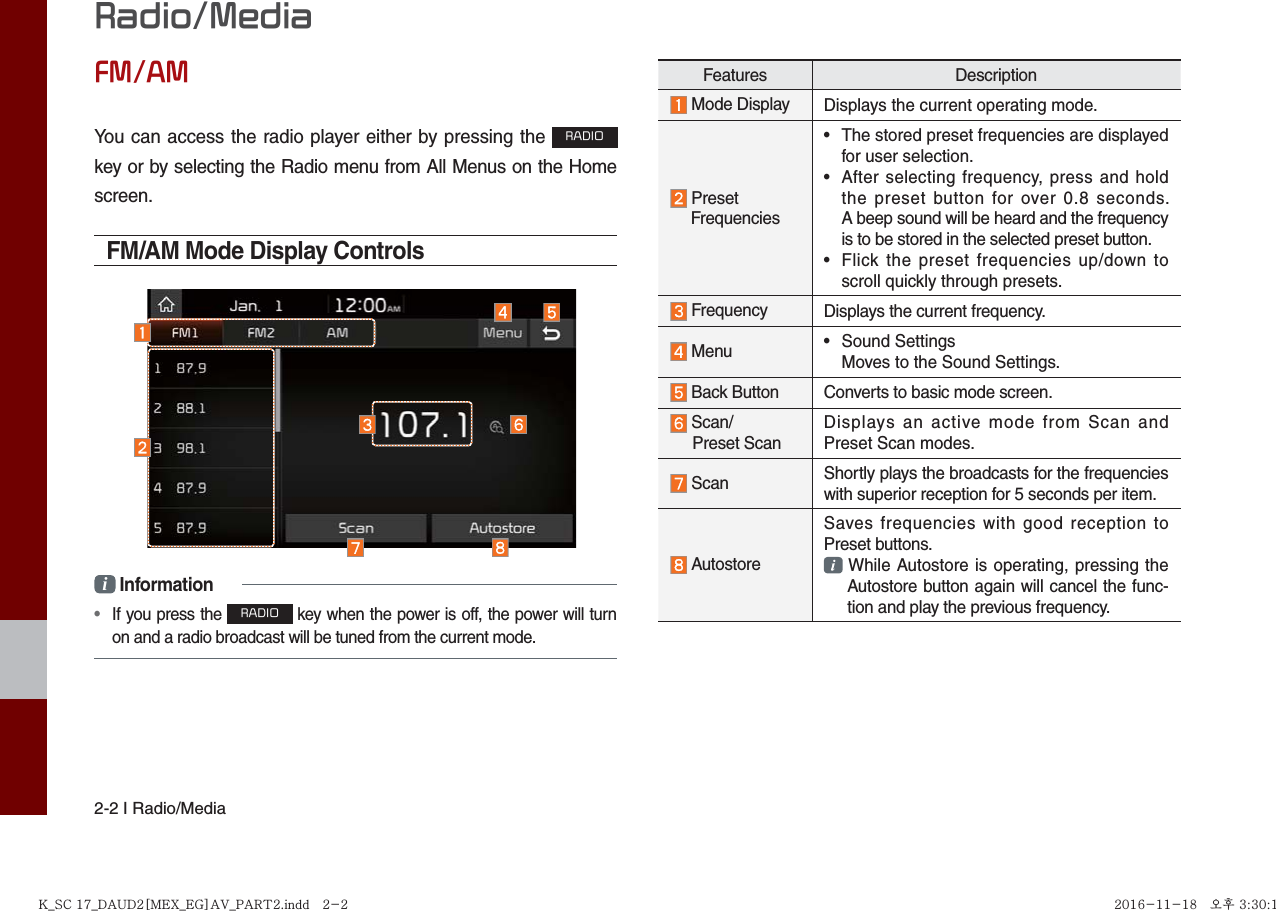 2-2 I Radio/MediaRadio/MediaFM/AMYou can access the radio player either by pressing the RADIO key or by selecting the Radio menu from All Menus on the Home  screen.FM/AM Mode Display Controlsi Information•  If you press the RADIO key when the power is off, the power will turn on and a radio broadcast will be tuned from the current mode.Features Description Mode Display Displays the current operating mode. Preset Frequencies•  The stored preset frequencies are displayed for user selection.•  After selecting frequency, press and hold the preset button for over 0.8 seconds. A beep sound will be heard and the frequency is to be stored in the selected preset button.•  Flick the preset frequencies up/down to scroll quickly through presets. Frequency Displays the current frequency. Menu • Sound SettingsMoves to the Sound Settings. Back Button Converts to basic mode screen. Scan/     Preset ScanDisplays an active mode from Scan and Preset Scan modes. Scan Shortly plays the broadcasts for the frequencies with superior reception for 5 seconds per item. AutostoreSaves frequencies with good reception to Preset buttons. While Autostore is operating, pressing the Autostore button again will cancel the func-tion and play the previous frequency. K_SC 17_DAUD2[MEX_EG]AV_PART2.indd   2-2K_SC 17_DAUD2[MEX_EG]AV_PART2.indd   2-2 2016-11-18   오후 3:30:172016-11-18   오후 3:30:1