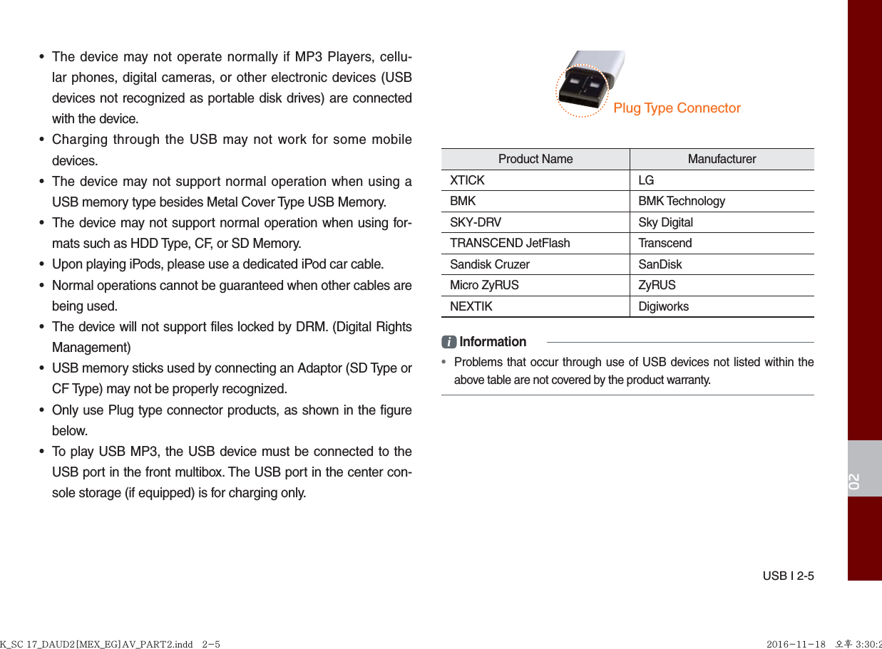 USB I 2-502•  The device may not operate normally if MP3 Players, cellu-lar phones, digital cameras, or other electronic devices (USB devices not recognized as portable disk drives) are connected with the device.•  Charging through the USB may not work for some mobile devices.•  The device may not support normal operation when using a USB memory type besides Metal Cover Type USB Memory.•  The device may not support normal operation when using for-mats such as HDD Type, CF, or SD Memory.•  Upon playing iPods, please use a dedicated iPod car cable. •  Normal operations cannot be guaranteed when other cables are being used.•  The device will not support files locked by DRM. (Digital Rights Management)•  USB memory sticks used by connecting an Adaptor (SD Type or CF Type) may not be properly recognized.•  Only use Plug type connector products, as shown in the figure below.•  To play USB MP3, the USB device must be connected to the USB port in the front multibox. The USB port in the center con-sole storage (if equipped) is for charging only. Product Name  Manufacturer XTICK LG BMK BMK Technology SKY-DRV Sky Digital TRANSCEND JetFlash  Transcend Sandisk Cruzer  SanDisk Micro ZyRUS  ZyRUS NEXTIK Digiworks i Information•  Problems that occur through use of USB devices not listed within the above table are not covered by the product warranty.Plug Type ConnectorK_SC 17_DAUD2[MEX_EG]AV_PART2.indd   2-5K_SC 17_DAUD2[MEX_EG]AV_PART2.indd   2-5 2016-11-18   오후 3:30:272016-11-18   오후 3:30:2