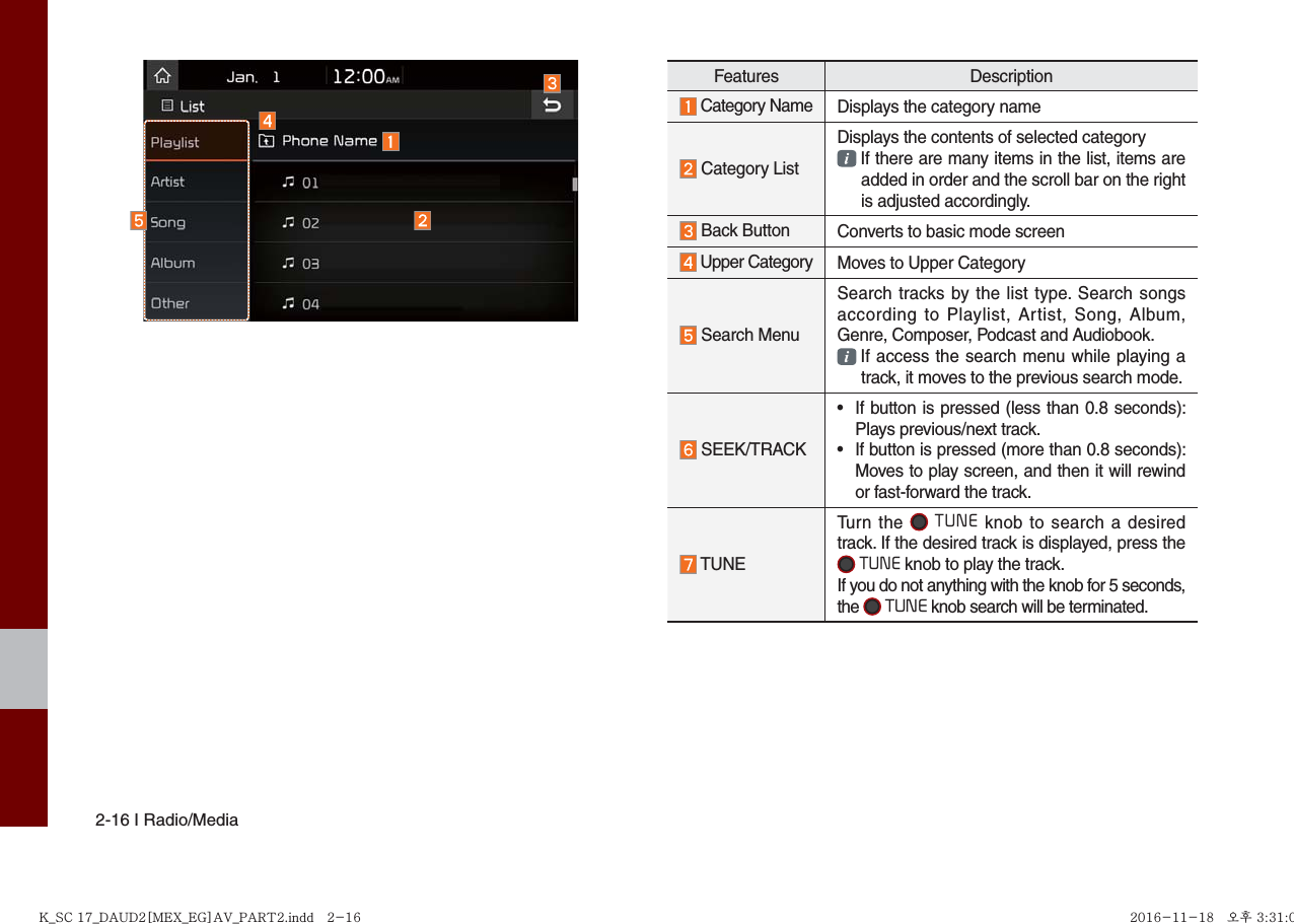2-16 I Radio/MediaFeatures Description Category Name Displays the category name  Category ListDisplays the contents of selected category   If there are many items in the list, items are added in order and the scroll bar on the right is adjusted accordingly. Back Button Converts to basic mode screen Upper Category Moves to Upper Category Search MenuSearch tracks by the list type. Search songs according to Playlist, Artist, Song, Album, Genre, Composer, Podcast and Audiobook.  If access the search menu while playing a track, it moves to the previous search mode. SEEK/TRACK•If button is pressed (less than 0.8 seconds):Plays previous/next track.•If button is pressed (more than 0.8 seconds): Moves to play screen, and then it will rewindor fast-forward the track. TUNETurn the  TUNE knob to search a desired track. If the desired track is displayed, press the  TUNE knob to play the track.If you do not anything with the knob for 5 seconds, the   TUNE knob search will be terminated.K_SC 17_DAUD2[MEX_EG]AV_PART2.indd   2-16K_SC 17_DAUD2[MEX_EG]AV_PART2.indd   2-16 2016-11-18 오후 3:31:032016-11-18   오후 3:31:0