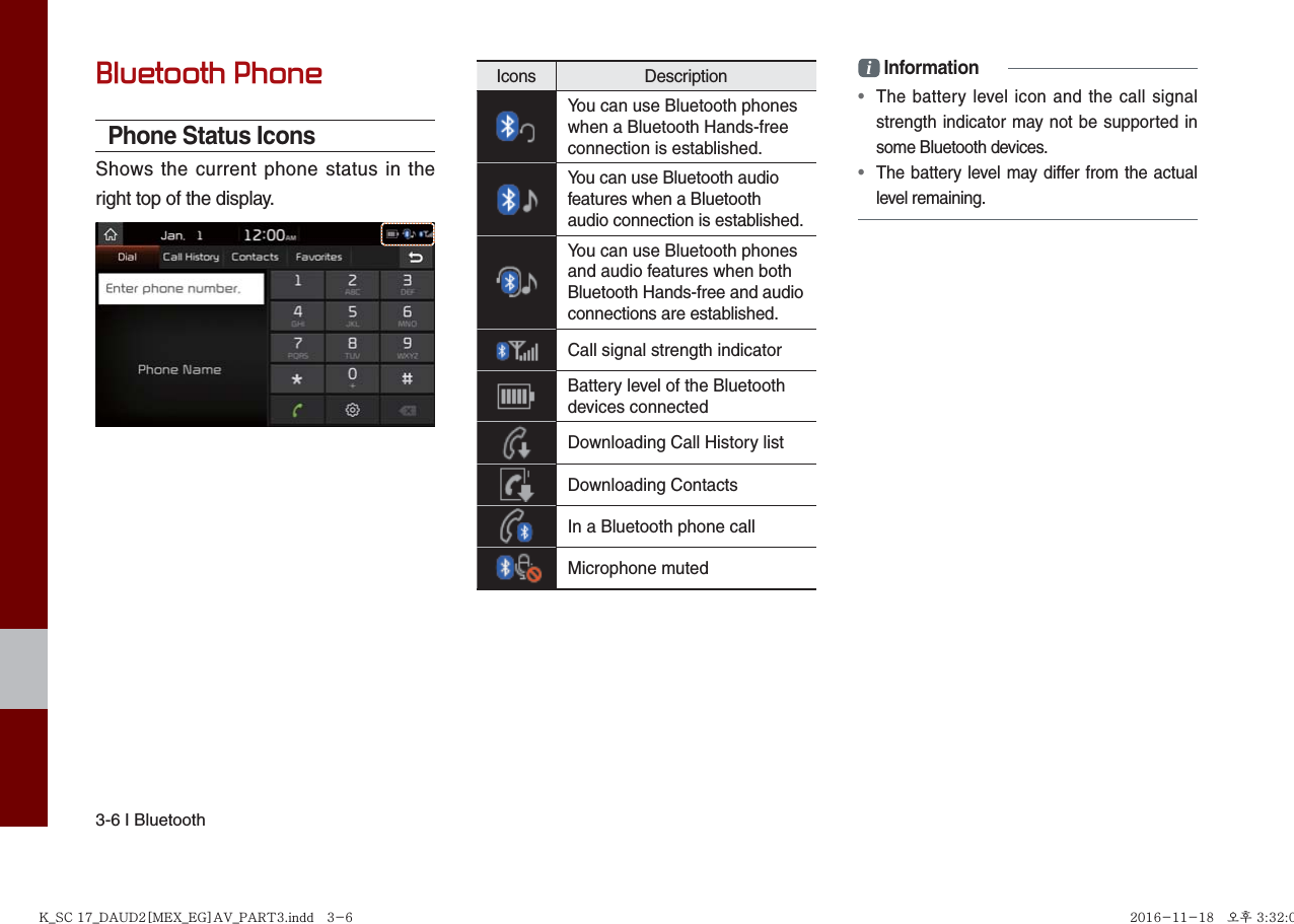 3-6 I BluetoothBluetooth PhonePhone Status IconsShows the current phone status in the right top of the display.Icons DescriptionYou can use Bluetooth phones when a Bluetooth Hands-free connection is established.You can use Bluetooth audio features when a Bluetooth audio connection is established.You can use Bluetooth phones and audio features when both Bluetooth Hands-free and audio connections are established.Call signal strength indicatorBattery level of the Bluetooth devices connectedDownloading Call History listDownloading ContactsIn a Bluetooth phone callMicrophone mutedi Information•   The battery level icon and the call signal strength indicator may not be supported in some Bluetooth devices. •  The battery level may differ from the actual level remaining.K_SC 17_DAUD2[MEX_EG]AV_PART3.indd   3-6K_SC 17_DAUD2[MEX_EG]AV_PART3.indd   3-6 2016-11-18   오후 3:32:042016-11-18   오후 3:32:0