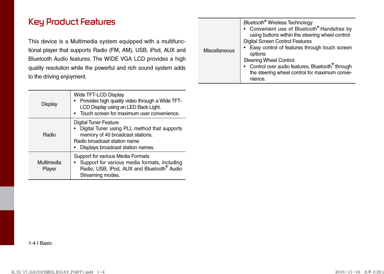 1-4 I BasicKey Product FeaturesThis device is a Multimedia system equipped with a multifunc-tional player that supports Radio (FM, AM), USB, iPod, AUX and Bluetooth Audio features. The WIDE VGA LCD provides a high quality resolution while the powerful and rich sound system adds to the driving enjoyment.DisplayWide TFT-LCD Display•  Provides high quality video through a Wide TFT-LCD Display using an LED Back Light.•  Touch screen for maximum user convenience.RadioDigital Tuner Feature•  Digital Tuner using PLL method that supports memory of 40 broadcast stations.Radio broadcast station name•  Displays broadcast station names.MultimediaPlayerSupport for various Media Formats•  Support for various media formats, including Radio, USB, iPod, AUX and Bluetooth® Audio Streaming modes. MiscellaneousBluetooth® Wireless Technology•  Convenient use of Bluetooth® Handsfree by using buttons within the steering wheel controlDigital Screen Control Features•  Easy control of features through touch screen optionsSteering Wheel Control•  Control over audio features, Bluetooth® through the steering wheel control for maximum conve-nience.K_SC 17_DAUD2[MEX_EG]AV_PART1.indd   1-4K_SC 17_DAUD2[MEX_EG]AV_PART1.indd   1-4 2016-11-18   오후 3:28:282016-11-18   오후 3:28:2
