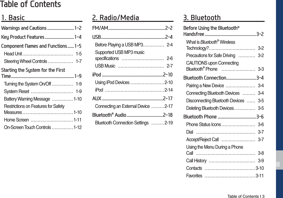 Table of Contents I 37DEOHRI&amp;RQWHQWV %DVLF:DUQLQJVDQG&amp;DXWLRQV.H\3URGXFW)HDWXUHV&amp;RPSRQHQW1DPHVDQG)XQFWLRQVHead Unit ……………………………… 1-5Steering Wheel Controls ……………… 1-76WDUWLQJWKH6\VWHPIRUWKH)LUVW7LPHTurning the System On/Off …………… 1-9System Reset  ………………………… 1-9Battery Warning Message  …………… 1-10Restrictions on Features for Safety Measures ……………………………… 1-10Home Screen  ………………………… 1-11On-Screen Touch Controls …………… 1-12 5DGLR0HGLD)0$086%Before Playing a USB MP3 …………… 2-4Supported USB MP3 music  specifications ………………………… 2-6USB Music  …………………………… 2-7L3RGUsing iPod Devices …………………… 2-10iPod …………………………………… 2-14$8;Connecting an External Device  ……… 2-17%OXHWRRWKp$XGLRBluetooth Connection Settings  ……… 2-19 %OXHWRRWK%HIRUH8VLQJWKH%OXHWRRWKp+DQGVIUHHWhat is Bluetooth® Wireless  Technology? …………………………… 3-2Precautions for Safe Driving  ………… 3-2CAUTIONS upon Connecting  Bluetooth® Phone  …………………… 3-3%OXHWRRWK&amp;RQQHFWLRQPairing a New Device  ………………… 3-4Connecting Bluetooth Devices  ……… 3-4Disconnecting Bluetooth Devices  …… 3-5Deleting Bluetooth Devices …………… 3-5%OXHWRRWK3KRQHPhone Status Icons …………………… 3-6Dial …………………………………… 3-7Accept/Reject Call  …………………… 3-7Using the Menu During a Phone  Call …………………………………… 3-8Call History  …………………………… 3-9Contacts ……………………………… 3-10Favorites ……………………………… 3-11