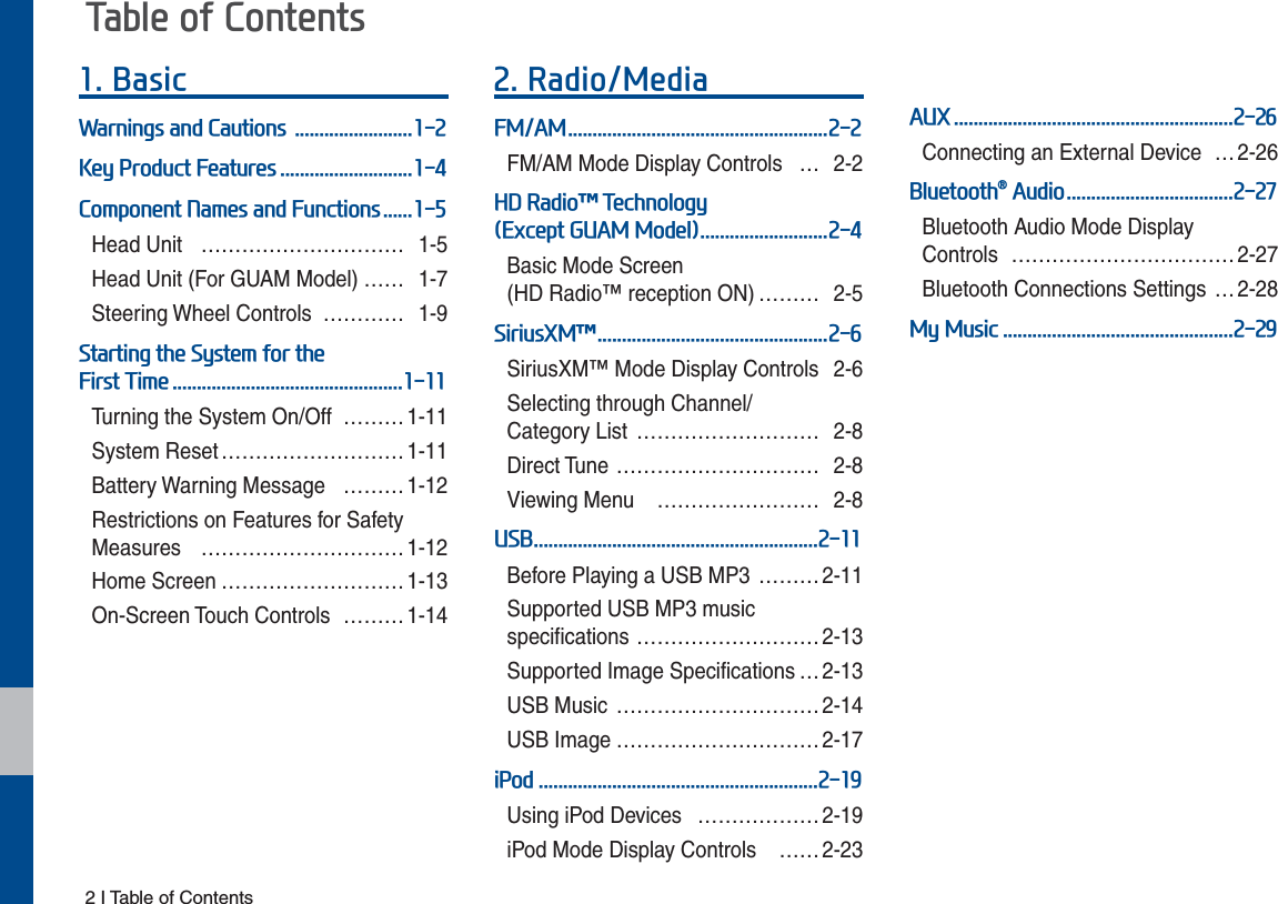 2 I Table of Contents%DVLF:DUQLQJVDQG&amp;DXWLRQV.H\3URGXFW)HDWXUHV&amp;RPSRQHQW1DPHVDQG)XQFWLRQVHead Unit   ………………………… 1-5Head Unit (For GUAM Model) …… 1-7Steering Wheel Controls ………… 1-96WDUWLQJWKH6\VWHPIRUWKH)LUVW7LPHTurning the System On/Off  ……… 1-11System Reset ……………………… 1-11Battery Warning Message  ……… 1-12Restrictions on Features for Safety Measures ………………………… 1-12Home Screen ……………………… 1-13On-Screen Touch Controls  ……… 1-145DGLR0HGLD)0$0FM/AM Mode Display Controls  … 2-2+&apos;5DGLRχ7HFKQRORJ\([FHSW*8$00RGHOBasic Mode Screen  (HD Radio™ reception ON) ……… 2-56LULXV;0χSiriusXM™ Mode Display Controls   2-6Selecting through Channel/ Category List  ……………………… 2-8Direct Tune  ………………………… 2-8Viewing Menu   …………………… 2-886%Before Playing a USB MP3  ……… 2-11Supported USB MP3 music specifications ……………………… 2-13Supported Image Specifications … 2-13USB Music  ………………………… 2-14USB Image ………………………… 2-17L3RGUsing iPod Devices   ……………… 2-19iPod Mode Display Controls   …… 2-23$8;Connecting an External Device  … 2-26%OXHWRRWKp$XGLRBluetooth Audio Mode Display  Controls  …………………………… 2-27Bluetooth Connections Settings  … 2-280\0XVLF7DEOHRI&amp;RQWHQWV