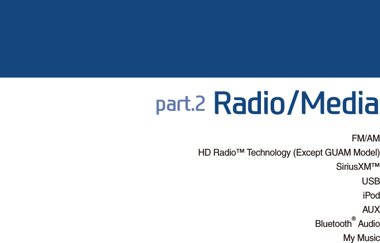FM/AM HD Radio™ Technology (Except GUAM Model)SiriusXM™ USB iPodAUXBluetooth® AudioMy MusicSDUW5DGLR0HGLD