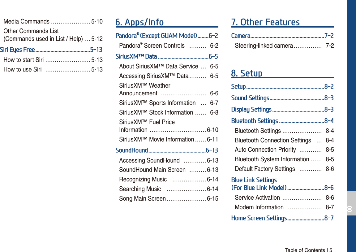  Table of Contents I 5Media Commands ………………… 5-10Other Commands List (Commands used in List / Help) … 5-126LUL(\HV)UHHHow to start Siri …………………… 5-13How to use Siri  …………………… 5-13$SSV,QIR3DQGRUDp([FHSW*8$00RGHOPandora® Screen Controls  ……… 6-26LULXV;0χ&apos;DWDAbout SiriusXM™ Data Service  … 6-5Accessing SiriusXM™ Data ……… 6-5SiriusXM™ Weather  Announcement …………………… 6-6SiriusXM™ Sports Information  … 6-7SiriusXM™ Stock Information …… 6-8SiriusXM™ Fuel Price  Information ………………………… 6-10SiriusXM™ Movie Information …… 6-116RXQG+RXQGAccessing SoundHound  …………6-13SoundHound Main Screen  ……… 6-13Recognizing Music  ……………… 6-14Searching Music  ………………… 6-14Song Main Screen ………………… 6-152WKHU)HDWXUHV&amp;DPHUDSteering-linked camera …………… 7-26HWXS6HWXS6RXQG6HWWLQJV&apos;LVSOD\6HWWLQJV%OXHWRRWK6HWWLQJVBluetooth Settings ………………… 8-4Bluetooth Connection Settings  … 8-4Auto Connection Priority  ………… 8-5Bluetooth System Information …… 8-5Default Factory Settings  ………… 8-6%OXH/LQN6HWWLQJV)RU%OXH/LQN0RGHOService Activation ………………… 8-6Modem Information  ……………… 8-7+RPH6FUHHQ6HWWLQJV