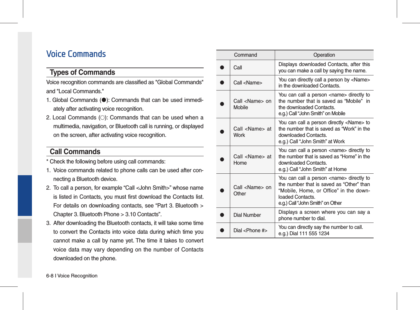 6-8 I Voice RecognitionVoice CommandsTypes of CommandsVoice recognition commands are classified as &quot;Global Commands&quot; and &quot;Local Commands.&quot;1. Global Commands (󰥋): Commands that can be used immedi-ately after activating voice recognition.2. Local Commands (◯): Commands that can be used when a multimedia, navigation, or Bluetooth call is running, or displayed on the screen, after activating voice recognition.Call Commands* Check the following before using call commands:1.  Voice commands related to phone calls can be used after con-necting a Bluetooth device. 2.  To call a person, for example “Call &lt;John Smith&gt;” whose name is listed in Contacts, you must first download the Contacts list. For details on downloading contacts, see “Part 3. Bluetooth &gt; Chapter 3. Bluetooth Phone &gt; 3.10 Contacts”.3.  After downloading the Bluetooth contacts, it will take some time to convert the Contacts into voice data during which time you cannot make a call by name yet. The time it takes to convert voice data may vary depending on the number of Contacts downloaded on the phone.Command Operation󰥋Call Displays downloaded Contacts, after this you can make a call by saying the name.󰥋Call &lt;Name&gt; You can directly call a person by &lt;Name&gt; in the downloaded Contacts.󰥋Call &lt;Name&gt; on MobileYou can call a person &lt;name&gt; directly to the number that is saved as “Mobile”  in the downloaded Contacts.e.g.) Call “John Smith” on Mobile󰥋Call &lt;Name&gt; at WorkYou can call a person directly &lt;Name&gt; to the number that is saved as “Work” in the downloaded Contacts.e.g.) Call “John Smith” at Work󰥋Call &lt;Name&gt; at HomeYou can call a person &lt;name&gt; directly to the number that is saved as “Home” in the downloaded Contacts.e.g.) Call “John Smith” at Home󰥋Call &lt;Name&gt; on OtherYou can call a person &lt;name&gt; directly to the number that is saved as “Other” than “Mobile, Home, or Office” in the down-loaded Contacts.e.g.) Call “John Smith” on Other󰥋Dial Number Displays a screen where you can say a phone number to dial.󰥋Dial &lt;Phone #&gt; You can directly say the number to call.e.g.) Dial 111 555 1234