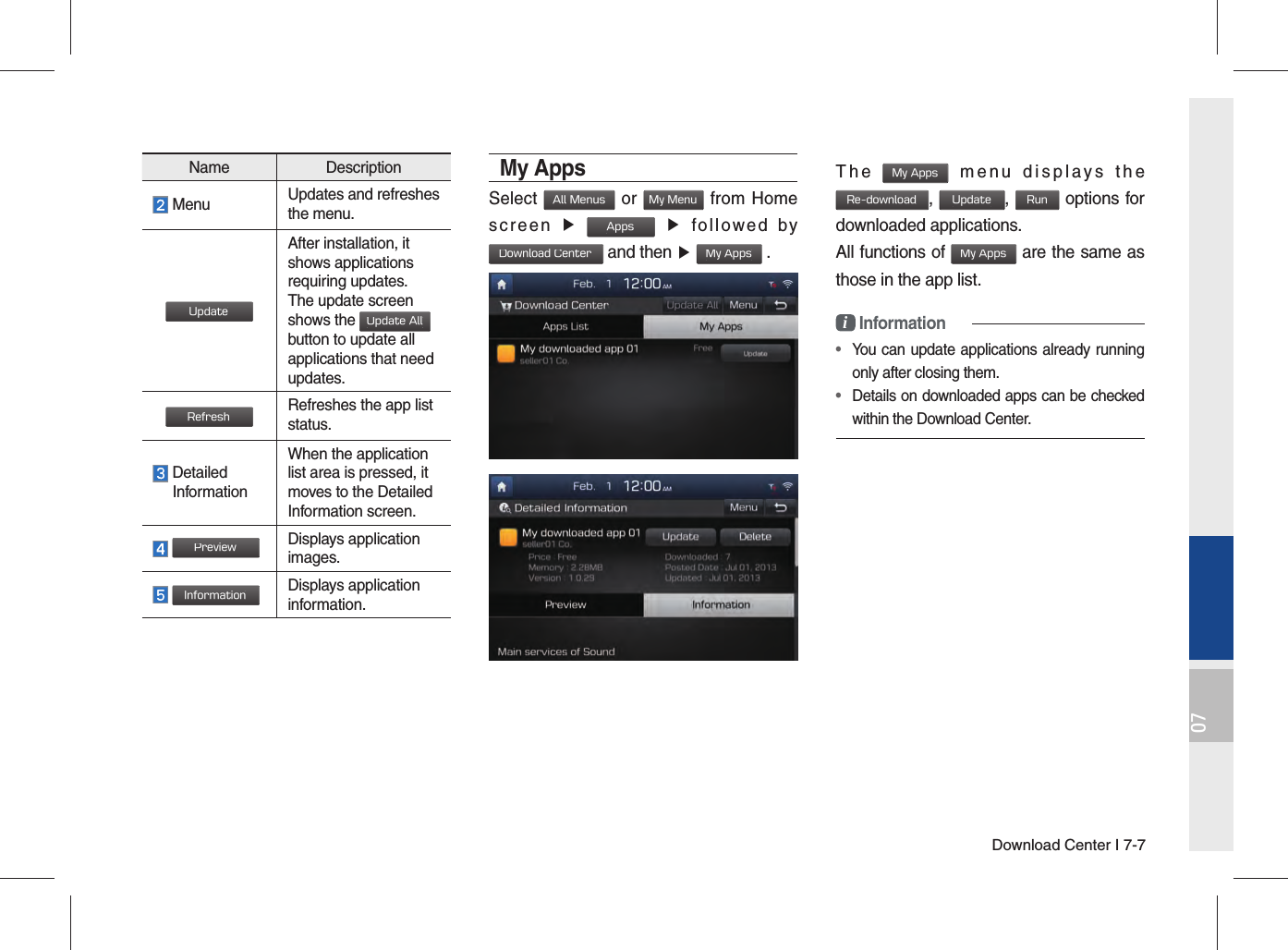 Download Center I 7-707My Apps Select All Menus or My Menu from Homescreen ▶ Apps▶followed byDownload Center and then ▶ My Apps .The My Apps menu displays the Re-download, Update, Run options for downloaded applications.All functions of My Apps are the same as those in the app list.i Information•  You can update applications already runningonly after closing them.•  Details on downloaded apps can be checkedwithin the Download Center.Name Description Menu Updates and refreshes the menu.UpdateAfter installation, it shows applications requiring updates.The update screen shows the Update All button to update all applications that need updates.RefreshRefreshes the app list status.   Detailed  InformationWhen the application list area is pressed, it moves to the Detailed Information screen.PreviewDisplays application images.InformationDisplays application information.