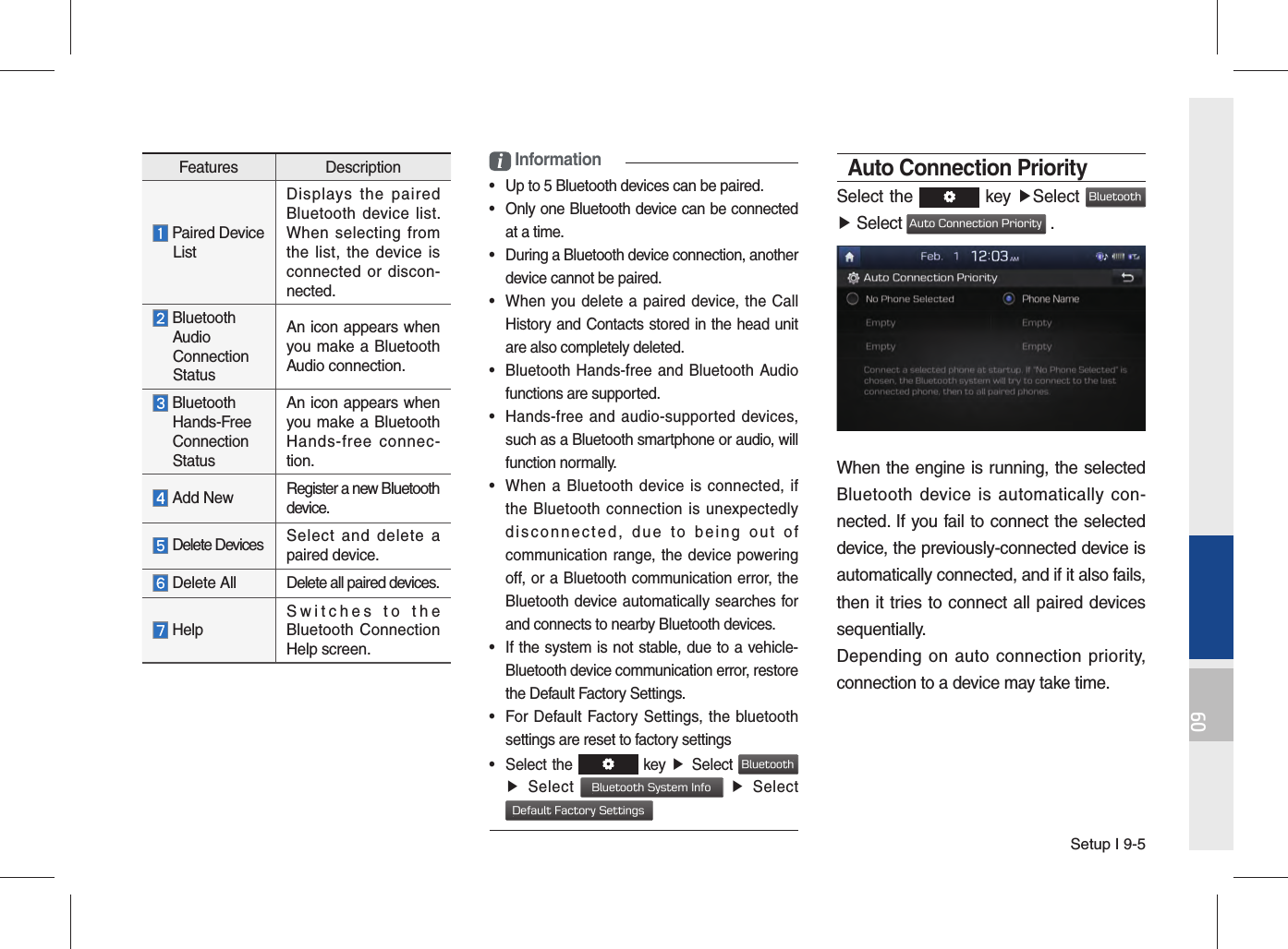 Setup I 9-509Features Description Paired Device      ListDisplays the paired Bluetooth device list. When selecting from the list, the device is connected or discon-nected.  Bluetooth     Audio  Connection  StatusAn icon appears when you make a Bluetooth Audio connection.  Bluetooth  Hands-Free  Connection  StatusAn icon appears when you make a Bluetooth Hands-free connec-tion. Add New Register a new Bluetooth device. Delete Devices Select and delete a paired device. Delete All Delete all paired devices. HelpSwitches to the Bluetooth Connection Help screen.i Information•  Up to 5 Bluetooth devices can be paired.•  Only one Bluetooth device can be connected at a time.•  During a Bluetooth device connection, another device cannot be paired.•  When you delete a paired device, the Call History and Contacts stored in the head unit are also completely deleted.•  Bluetooth Hands-free and Bluetooth Audio functions are supported.•  Hands-free and audio-supported devices, such as a Bluetooth smartphone or audio, will function normally.•  When a Bluetooth device is connected, if the Bluetooth connection is unexpectedly disconnected, due to being out of communication range, the device powering off, or a Bluetooth communication error, the Bluetooth device automatically searches for and connects to nearby Bluetooth devices.•  If the system is not stable, due to a vehicle-Bluetooth device communication error, restore the Default Factory Settings.•  For Default Factory Settings, the bluetooth settings are reset to factory settings•  Select the   key ▶  Select Bluetooth ▶  Select Bluetooth System Info ▶  Select Default Factory SettingsAuto Connection PrioritySelect the   key ▶Select Bluetooth ▶ Select Auto Connection Priority .When the engine is running, the selected Bluetooth device is automatically con-nected. If you fail to connect the selected device, the previously-connected device is automatically connected, and if it also fails, then it tries to connect all paired devices sequentially.Depending on auto connection priority, connection to a device may take time.