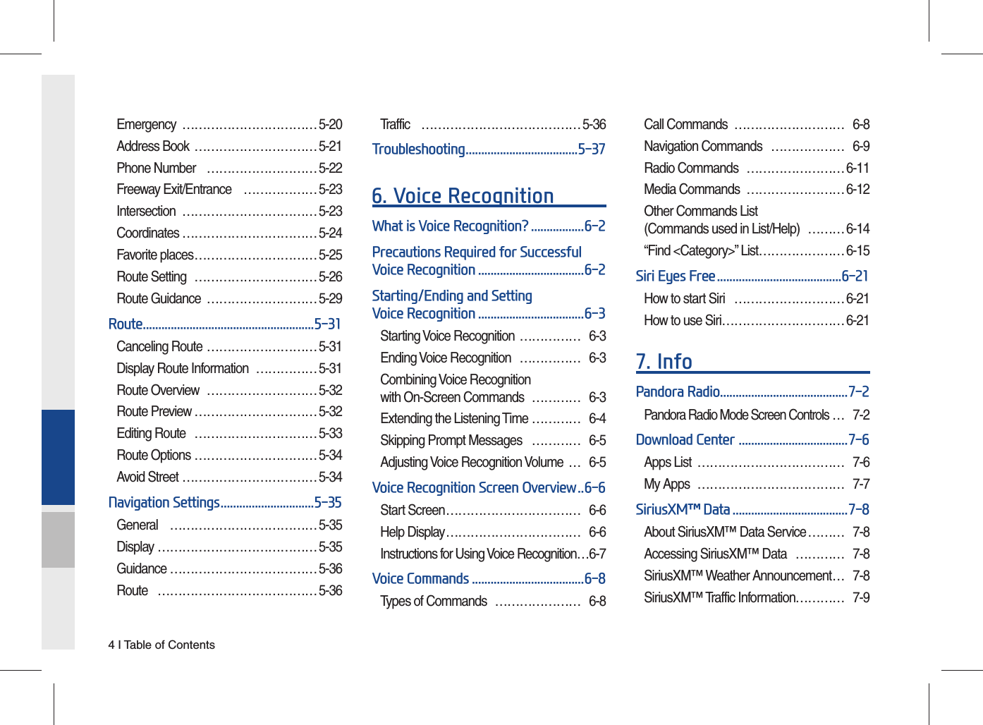 4 I Table of ContentsEmergency ……………………………5-20Address Book  ………………………… 5-21Phone Number  ………………………5-22Freeway Exit/Entrance  ……………… 5-23Intersection ……………………………5-23Coordinates ……………………………5-24Favorite places …………………………5-25Route Setting  ………………………… 5-26Route Guidance  ………………………5-29Route .......................................................5-31Canceling Route ……………………… 5-31Display Route Information  ……………5-31Route Overview  ………………………5-32Route Preview ………………………… 5-32Editing Route  …………………………5-33Route Options ………………………… 5-34Avoid Street ……………………………5-34Navigation Settings ..............................5-35General ………………………………5-35Display ………………………………… 5-35Guidance ………………………………5-36Route …………………………………5-36Traffic ………………………………… 5-36Troubleshooting ....................................5-376. Voice RecognitionWhat is Voice Recognition? .................6-2Precautions Required for Successful Voice Recognition ..................................6-2Starting/Ending and Setting Voice Recognition ..................................6-3Starting Voice Recognition  …………… 6-3Ending Voice Recognition  …………… 6-3Combining Voice Recognition with On-Screen Commands  ………… 6-3Extending the Listening Time ………… 6-4Skipping Prompt Messages   ………… 6-5Adjusting Voice Recognition Volume  … 6-5Voice Recognition Screen Overview ..6-6Start Screen …………………………… 6-6Help Display …………………………… 6-6Instructions for Using Voice Recognition …6-7Voice Commands ....................................6-8Types of Commands  ………………… 6-8Call Commands  ……………………… 6-8Navigation Commands  ……………… 6-9Radio Commands  …………………… 6-11Media Commands  …………………… 6-12Other Commands List(Commands used in List/Help)  ……… 6-14“Find &lt;Category&gt;” List ………………… 6-15Siri Eyes Free ........................................6-21How to start Siri  ……………………… 6-21How to use Siri ………………………… 6-217. InfoPandora Radio .........................................7-2Pandora Radio Mode Screen Controls … 7-2Download Center  ...................................7-6Apps List  ……………………………… 7-6My Apps  ……………………………… 7-7SiriusXM™ Data .....................................7-8About SiriusXM™ Data Service ……… 7-8Accessing SiriusXM™ Data  ………… 7-8SiriusXM™ Weather Announcement … 7-8SiriusXM™ Traffic Information………… 7-9