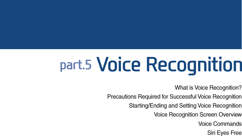 What is Voice Recognition?Precautions Required for Successful Voice RecognitionStarting/Ending and Setting Voice RecognitionVoice Recognition Screen OverviewVoice CommandsSiri Eyes Free SDUW9RLFH5HFRJQLWLRQ