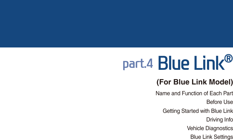 Name and Function of Each PartBefore UseGetting Started with Blue LinkDriving InfoVehicle DiagnosticsBlue Link SettingsSDUW%OXH/LQNp(For Blue Link Model)