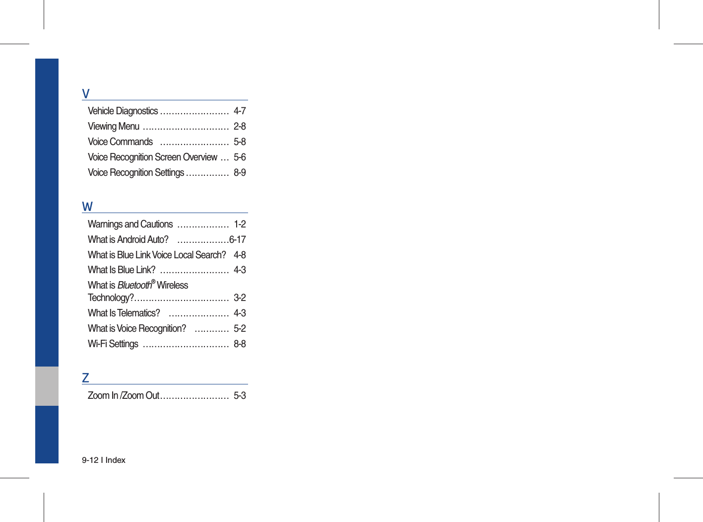 9-12 I IndexVVehicle Diagnostics …………………… 4-7Viewing Menu  ………………………… 2-8Voice Commands  …………………… 5-8Voice Recognition Screen Overview … 5-6Voice Recognition Settings …………… 8-9WWarnings and Cautions  ……………… 1-2What is Android Auto?  ………………6-17What is Blue Link Voice Local Search?  4-8What Is Blue Link?  …………………… 4-3What is Bluetooth® Wireless Technology? …………………………… 3-2What Is Telematics?  ………………… 4-3What is Voice Recognition?  ………… 5-2Wi-Fi Settings  ………………………… 8-8ZZoom In /Zoom Out …………………… 5-3