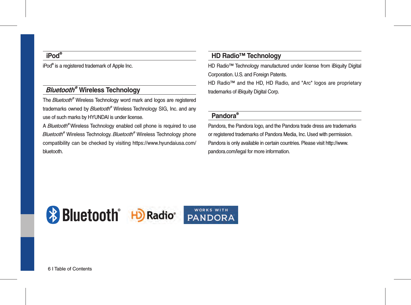 6 I Table of ContentsiPod®iPod® is a registered trademark of Apple Inc.Bluetooth® Wireless TechnologyThe Bluetooth® Wireless Technology word mark and logos are registered trademarks owned by Bluetooth® Wireless Technology SIG, Inc. and any use of such marks by HYUNDAI is under license.A Bluetooth® Wireless Technology enabled cell phone is required to use Bluetooth® Wireless Technology. Bluetooth® Wireless Technology phone compatibility can be checked by visiting https://www.hyundaiusa.com/bluetooth.HD Radio™ Technology HD Radio™ Technology manufactured under license from iBiquity Digital Corporation. U.S. and Foreign Patents. HD Radio™ and the HD, HD Radio, and &quot;Arc&quot; logos are proprietary trademarks of iBiquity Digital Corp.Pandora®Pandora, the Pandora logo, and the Pandora trade dress are trademarksor registered trademarks of Pandora Media, Inc. Used with permission.Pandora is only available in certain countries. Please visit http://www.pandora.com/legal for more information.