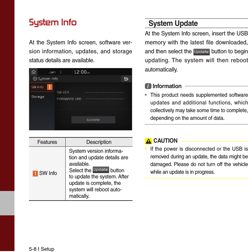 5-8 I SetupSystem InfoAt the System Info screen, software ver-sion information, updates, and storage status details are available.Features Description SW InfoSystem version informa-tion and update details are available.Select the Update button to update the system. After update is complete, the system will reboot auto-matically.System UpdateAt the System Info screen, insert the USB memory with the latest file downloaded, and then select the Update button to begin updating. The system will then reboot automatically.i Information•This product needs supplemented softwareupdates and additional functions, whichcollectively may take some time to complete,depending on the amount of data. CAUTION•  If the power is disconnected or the USB isremoved during an update, the data might bedamaged. Please do not turn off the vehiclewhile an update is in progress.