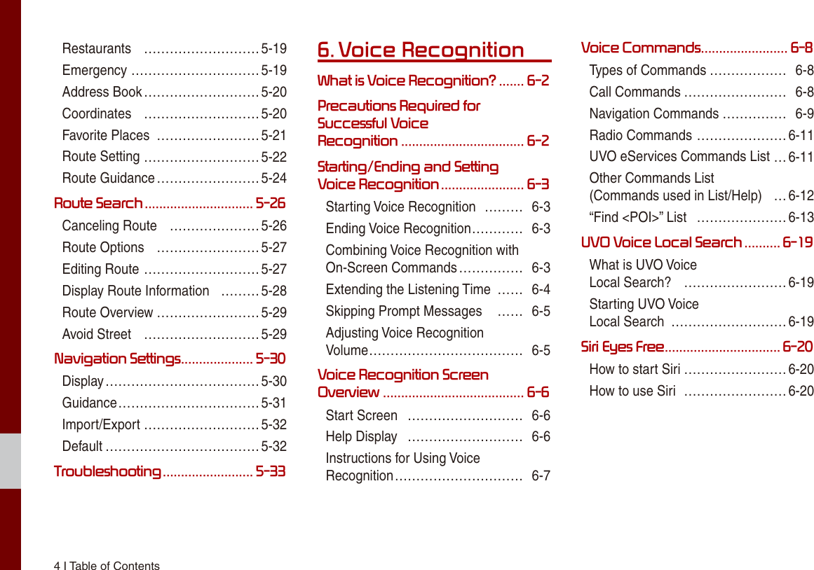 4 I Table of ContentsRestaurants  ………………………5-19Emergency ………………………… 5-19Address Book ………………………5-20Coordinates  ………………………5-20Favorite Places  ……………………5-21Route Setting ……………………… 5-22Route Guidance …………………… 5-24Route Search .............................. 5-26Canceling Route  …………………5-26Route Options  ……………………5-27Editing Route ……………………… 5-27Display Route Information  ………5-28Route Overview ……………………5-29Avoid Street  ………………………5-29Navigation Settings .................... 5-30Display ………………………………5-30Guidance ……………………………5-31Import/Export ……………………… 5-32Default ……………………………… 5-32Troubleshooting ......................... 5-336. Voice RecognitionWhat is Voice Recognition? ....... 6-2Precautions Required for Successful Voice  Recognition .................................. 6-2Starting/Ending and Setting  Voice Recognition ....................... 6-3Starting Voice Recognition  ……… 6-3Ending Voice Recognition ………… 6-3Combining Voice Recognition with On-Screen Commands …………… 6-3Extending the Listening Time  …… 6-4Skipping Prompt Messages   …… 6-5Adjusting Voice Recognition  Volume ……………………………… 6-5Voice Recognition Screen Overview ....................................... 6-6Start Screen  ……………………… 6-6Help Display  ……………………… 6-6Instructions for Using Voice  Recognition ………………………… 6-7Voice Commands ........................ 6-8Types of Commands ……………… 6-8Call Commands …………………… 6-8Navigation Commands …………… 6-9Radio Commands ………………… 6-11UVO eServices Commands List …6-11Other Commands List (Commands used in List/Help)  …6-12“Find &lt;POI&gt;” List  ………………… 6-13UVO Voice Local Search .......... 6-19What is UVO Voice  Local Search?  ……………………6-19Starting UVO Voice  Local Search  ………………………6-19Siri Eyes Free ................................ 6-20How to start Siri ……………………6-20How to use Siri  ……………………6-20
