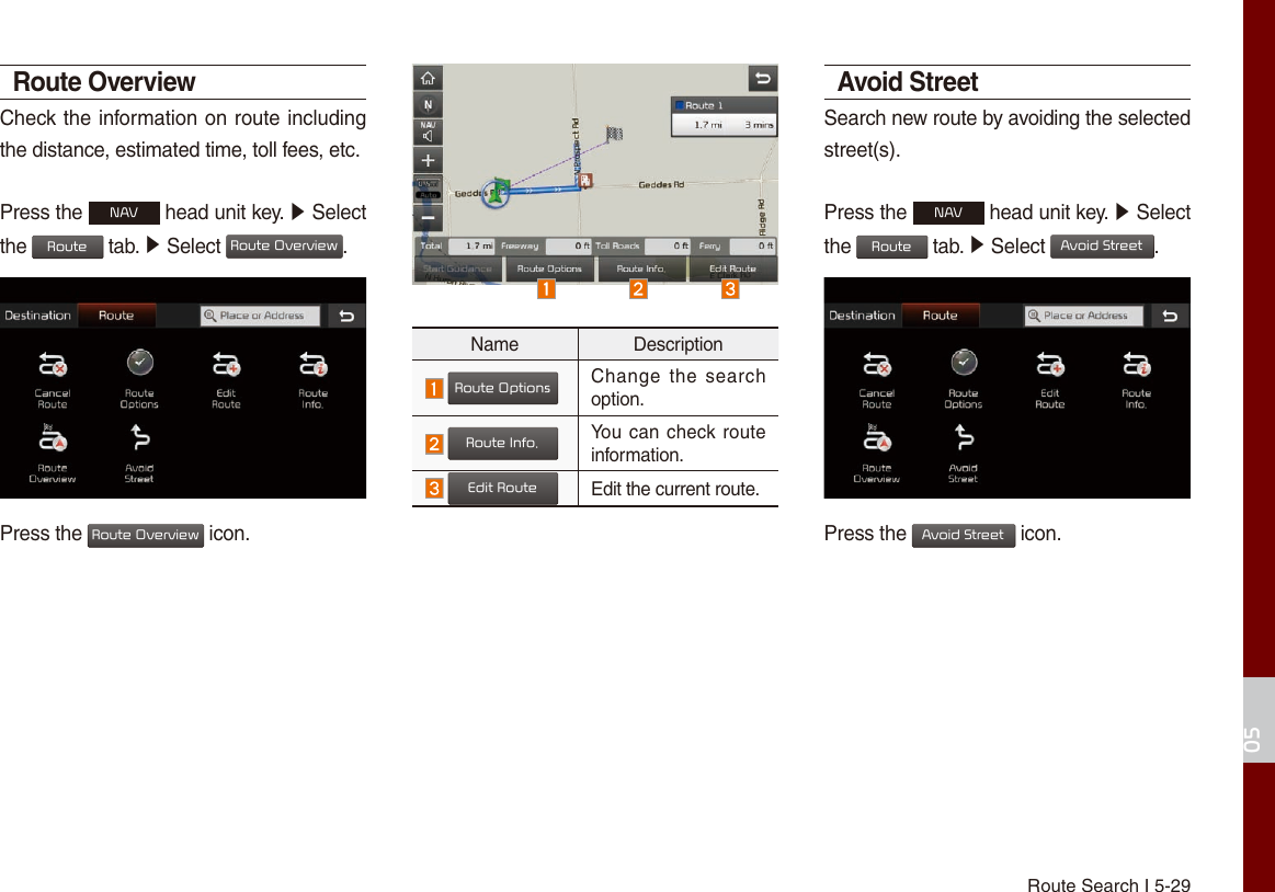 Route Search I 5-2905Route OverviewCheck the information on route including the distance, estimated time, toll fees, etc. Press the NAV head unit key. ▶ Select  the Route tab. ▶ Select Route Overview.Press the Route Overview icon.Name Description Route OptionsChange  the  search option. Route Info.You can check route information.  Edit RouteEdit the current route.Avoid StreetSearch new route by avoiding the selected street(s).Press the NAV head unit key. ▶ Select  the Route tab. ▶ Select Avoid Street.Press the Avoid Street icon.