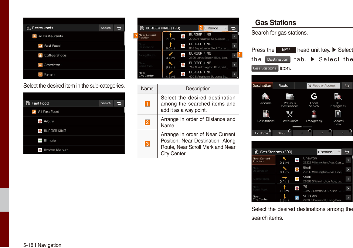 5-18 I NavigationSelect the desired item in the sub-categories. Name Description Select the desired destination among the searched items and add it as a way point. Arrange in order of Distance and Name. Arrange in order of Near Current Position, Near Destination, Along Route, Near Scroll Mark and Near City Center.Gas StationsSearch for gas stations.Press the NAV head unit key. ▶ Select the  Destination  tab.  ▶  Select  the  Gas Stations icon.Select the desired destinations among the search items. 