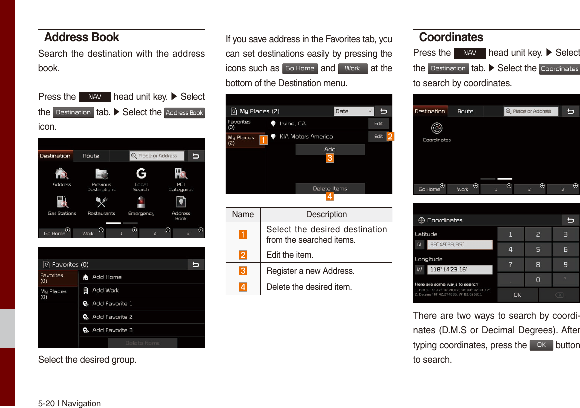 5-20 I NavigationAddress BookSearch the destination with the address book.Press the NAV head unit key. ▶ Select the Destination tab. ▶ Select the Address Book icon.Select the desired group.If you save address in the Favorites tab, you can set destinations easily by pressing the icons such as Go Home and Work at the bottom of the Destination menu.Name Description Select the desired destination from the searched items.Edit the item. Register a new Address. Delete the desired item.CoordinatesPress the NAV head unit key. ▶ Select the Destination tab. ▶ Select the Coordinates to search by coordinates.There are two ways to search by coordi-nates (D.M.S or Decimal Degrees). After typing coordinates, press the OK button to search.