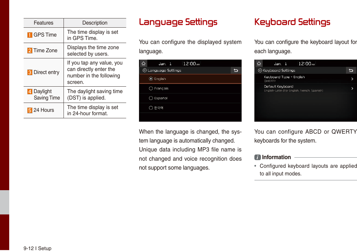9-12 I SetupFeatures Description GPS Time The time display is set in GPS Time.  Time Zone Displays the time zone selected by users.  Direct entryIf you tap any value, you can directly enter the number in the following screen.  Daylight     Saving TimeThe daylight saving time (DST) is applied.  24 Hours The time display is set in 24-hour format.Language SettingsYou can configure the displayed system language.When the language is changed, the sys-tem language is automatically changed.Unique data including MP3 file name is not changed and voice recognition does not support some languages.Keyboard SettingsYou can configure the keyboard layout for each language.You can configure  ABCD or QWERTY keyboards for the system.i Information •  Configured keyboard layouts are applied to all input modes.