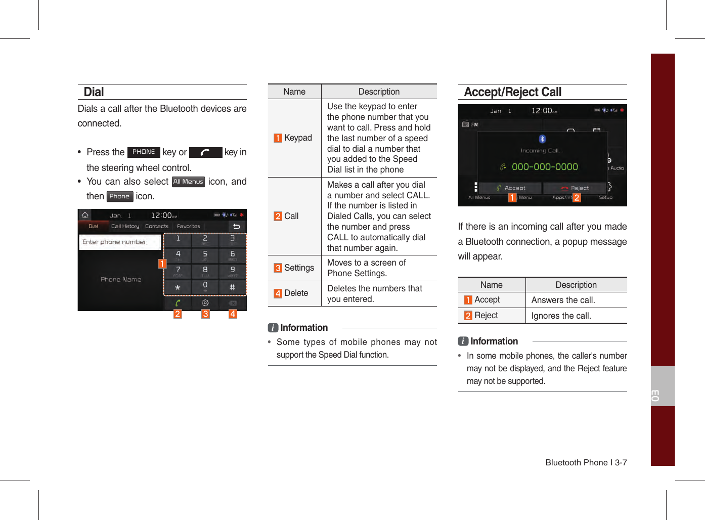 Bluetooth Phone I 3-703DialDials a call after the Bluetooth devices are connected.• Press the PHONE key or   key in the steering wheel control. •  You can also select All Menus icon, and then Phone  icon.Name Description  KeypadUse the keypad to enter the phone number that you want to call. Press and hold the last number of a speed dial to dial a number that you added to the Speed Dial list in the phone   CallMakes a call after you dial a number and select CALL. If the number is listed in Dialed Calls, you can select the number and press CALL to automatically dial that number again. Settings Moves to a screen of Phone Settings. Delete Deletes the numbers that you entered.i Information•  Some types of mobile phones may not support the Speed Dial function.Accept/Reject CallIf there is an incoming call after you made a Bluetooth connection, a popup message will appear.Name Description Accept Answers the call. Reject  Ignores the call.i Information•  In some mobile phones, the caller&apos;s number may not be displayed, and the Reject feature may not be supported.