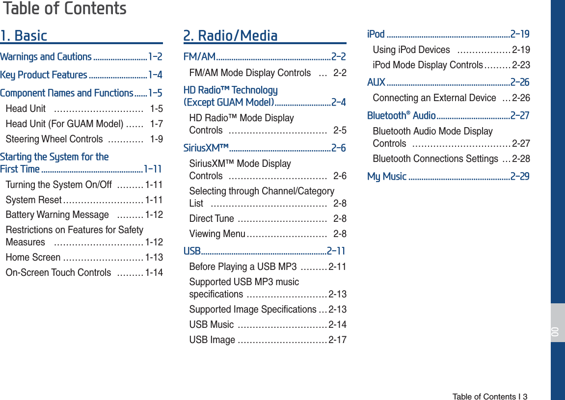  Table of Contents I 37DEOHRI&amp;RQWHQWV %DVLF:DUQLQJVDQG&amp;DXWLRQV.H\3URGXFW)HDWXUHV&amp;RPSRQHQW1DPHVDQG)XQFWLRQVHead Unit  ………………………… 1-5Head Unit (For GUAM Model) …… 1-7Steering Wheel Controls ………… 1-96WDUWLQJWKH6\VWHPIRUWKH)LUVW7LPHTurning the System On/Off  ……… 1-11System Reset ……………………… 1-11Battery Warning Message  ……… 1-12Restrictions on Features for Safety Measures ………………………… 1-12Home Screen ……………………… 1-13On-Screen Touch Controls  ……… 1-14 5DGLR0HGLD)0$0FM/AM Mode Display Controls  … 2-2+&apos;5DGLRχ7HFKQRORJ\([FHSW*8$00RGHOHD Radio™ Mode Display  Controls …………………………… 2-56LULXV;0χSiriusXM™ Mode Display  Controls …………………………… 2-6Selecting through Channel/Category List ………………………………… 2-8Direct Tune  ………………………… 2-8Viewing Menu ……………………… 2-886%Before Playing a USB MP3  ……… 2-11Supported USB MP3 music specifications ……………………… 2-13Supported Image Specifications … 2-13USB Music  ………………………… 2-14USB Image ………………………… 2-17L3RGUsing iPod Devices  ……………… 2-19iPod Mode Display Controls ……… 2-23$8;Connecting an External Device  … 2-26%OXHWRRWKp$XGLRBluetooth Audio Mode Display  Controls …………………………… 2-27Bluetooth Connections Settings  … 2-280\0XVLF