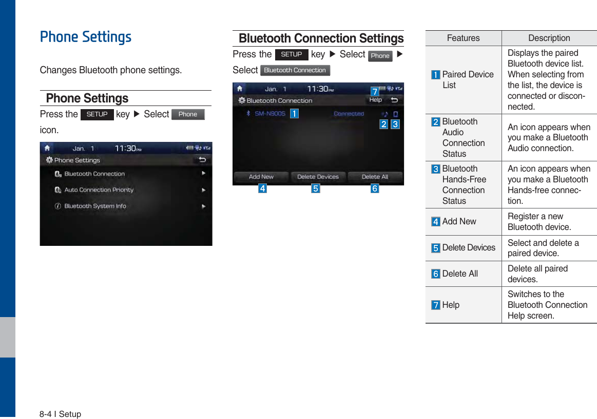 8-4 I Setup3KRQH6HWWLQJVChanges Bluetooth phone settings.Phone SettingsPress the 4&amp;561 key ƙSelect 1IPOF icon. Bluetooth Connection SettingsPress the 4&amp;561 key ƙ Select 1IPOF ƙ Select #MVFUPPUI$POOFDUJPOFeatures Description Paired Device       ListDisplays the paired Bluetooth device list. When selecting from the list, the device is connected or discon-nected.  Bluetooth      Audio   Connection   StatusAn icon appears when you make a Bluetooth Audio connection.  Bluetooth   Hands-Free   Connection   StatusAn icon appears when you make a Bluetooth Hands-free connec-tion. Add New Register a new Bluetooth device. Delete Devices Select and delete a paired device. Delete All Delete all paired devices. HelpSwitches to the Bluetooth Connection Help screen.