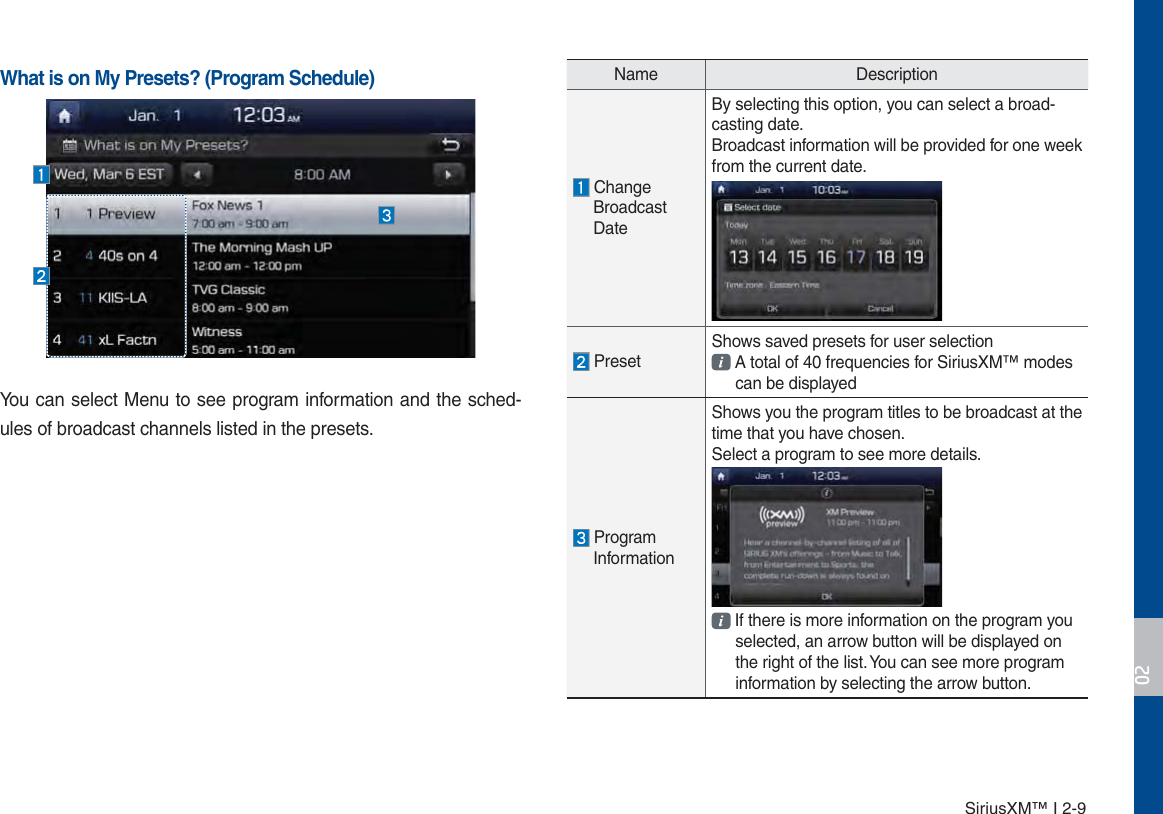 SiriusXM™ I 2-9Name Description ChangeBroadcast DateBy selecting this option, you can select a broad-casting date.Broadcast information will be provided for one week from the current date. PresetShows saved presets for user selection A total of 40 frequencies for SiriusXM™ modes can be displayed ProgramInformationShows you the program titles to be broadcast at the time that you have chosen.Select a program to see more details. If there is more information on the program you selected, an arrow button will be displayed on the right of the list. You can see more program information by selecting the arrow button.What is on My Presets? (Program Schedule)You can select Menu to see program information and the sched-ules of broadcast channels listed in the presets. 