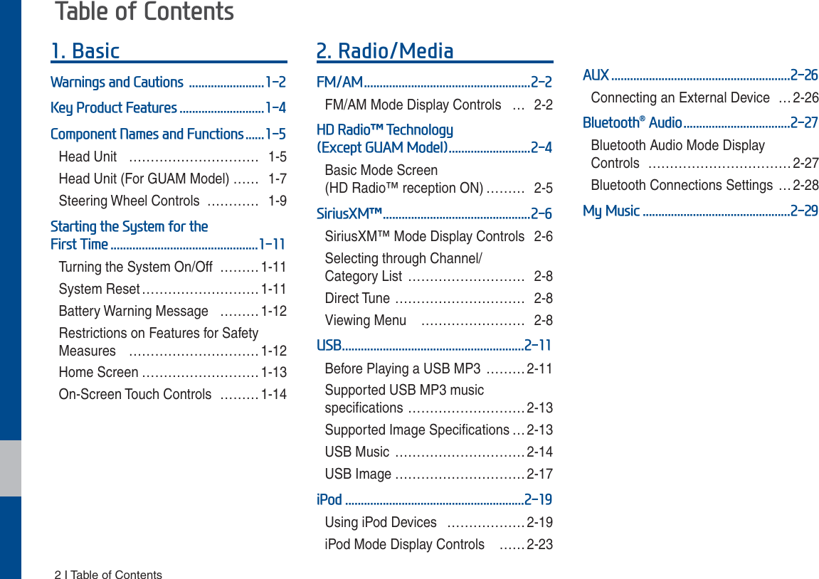 2 I Table of Contents%DVLF:DUQLQJVDQG&amp;DXWLRQV.H\3URGXFW)HDWXUHV&amp;RPSRQHQW1DPHVDQG)XQFWLRQVHead Unit   ………………………… 1-5Head Unit (For GUAM Model) …… 1-7Steering Wheel Controls ………… 1-96WDUWLQJWKH6\VWHPIRUWKH)LUVW7LPHTurning the System On/Off  ……… 1-11System Reset ………………………1-11Battery Warning Message  ………1-12Restrictions on Features for Safety Measures …………………………1-12Home Screen ……………………… 1-13On-Screen Touch Controls  ………1-145DGLR0HGLD)0$0FM/AM Mode Display Controls  … 2-2+&apos;5DGLRχ7HFKQRORJ\([FHSW*8$00RGHOBasic Mode Screen  (HD Radio™ reception ON) ……… 2-56LULXV;0χSiriusXM™ Mode Display Controls   2-6Selecting through Channel/ Category List  ……………………… 2-8Direct Tune  ………………………… 2-8Viewing Menu   …………………… 2-886%Before Playing a USB MP3  ………2-11Supported USB MP3 music specifications ………………………2-13Supported Image Specifications … 2-13USB Music …………………………2-14USB Image ………………………… 2-17L3RGUsing iPod Devices   ………………2-19iPod Mode Display Controls   ……2-23$8;Connecting an External Device  …2-26%OXHWRRWKp$XGLRBluetooth Audio Mode Display  Controls  ……………………………2-27Bluetooth Connections Settings …2-280\0XVLF7DEOHRI&amp;RQWHQWV