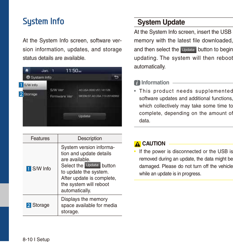 8-10 I Setup6\VWHP,QIRAt the System Info screen, software ver-sion information, updates, and storage status details are available.Features Description S/W InfoSystem version informa-tion and update details are available.Select the 6QEBUF button to update the system. After update is complete, the system will reboot automatically.  Storage Displays the memory space available for media storage.System UpdateAt the System Info screen, insert the USBmemory with the latest file downloaded, and then select the 6QEBUF button to begin updating. The system will then reboot automatically.i Information•This product needs supplementedsoftware updates and additional functions,which collectively may take some time tocomplete, depending on the amount ofdata. CAUTION•  If the power is disconnected or the USB isremoved during an update, the data might bedamaged. Please do not turn off the vehiclewhile an update is in progress.