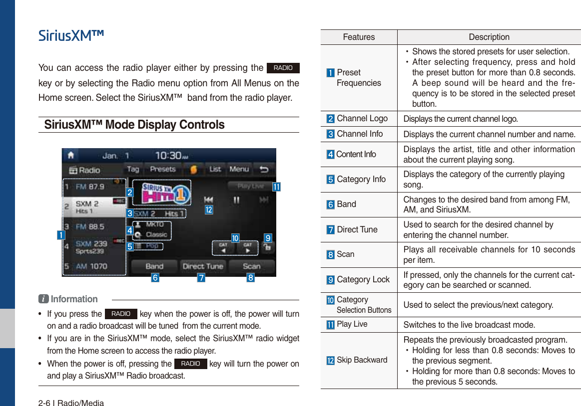 2-6 I Radio/MediaFeatures Description PresetFrequencies УShows the stored presets for user selection. УAfter selecting frequency, press and holdthe preset button for more than 0.8 seconds.  A beep sound will be heard and the fre-quency is to be stored in the selected presetbutton. Channel Logo Displays the current channel logo. Channel Info Displays the current channel number and name. Content Info Displays the artist, title and other information about the current playing song. Category Info Displays the category of the currently playingsong. Band Changes to the desired band from among FM,AM, and SiriusXM. Direct Tune Used to search for the desired channel byentering the channel number. Scan Plays all receivable channels for 10 seconds per item. Category Lock If pressed, only the channels for the current cat-egory can be searched or scanned. CategorySelection ButtonsUsed to select the previous/next category. Play Live Switches to the live broadcast mode. Skip BackwardRepeats the previously broadcasted program. УHolding for less than 0.8 seconds: Moves tothe previous segment. УHolding for more than 0.8 seconds: Moves tothe previous 5 seconds.6LULXV;0χYou can access the radio player either by pressing the 3&quot;%*0 key or by selecting the Radio menu option from All Menus on the Home screen. Select the SiriusXM™  band from the radio player.SiriusXM™ Mode Display Controls i Information•  If you press the 3&quot;%*0 key when the power is off, the power will turn on and a radio broadcast will be tuned  from the current mode.•  If you are in the SiriusXM™ mode, select the SiriusXM™ radio widget from the Home screen to access the radio player.•  When the power is off, pressing the 3&quot;%*0 key will turn the power on and play a SiriusXM™ Radio broadcast.