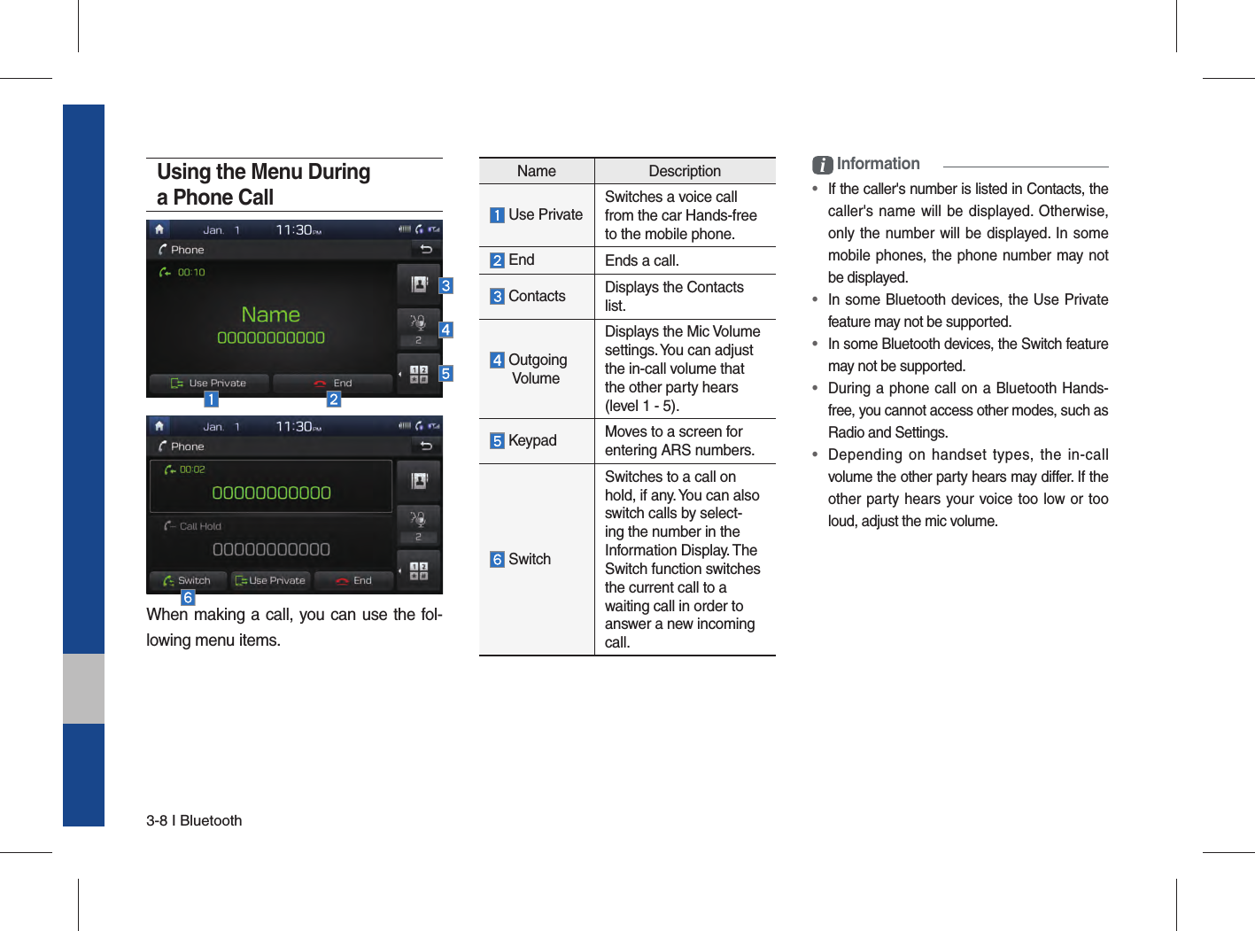 3-8 I BluetoothUsing the Menu During a Phone CallWhen making a call, you can use the fol-lowing menu items.Name Description Use PrivateSwitches a voice call from the car Hands-free to the mobile phone. End Ends a call. Contacts  Displays the Contacts list.  Outgoing  VolumeDisplays the Mic Volume settings. You can adjust the in-call volume that the other party hears (level 1 - 5). Keypad Moves to a screen for entering ARS numbers. SwitchSwitches to a call on hold, if any. You can also switch calls by select-ing the number in the Information Display. The Switch function switches the current call to a waiting call in order to answer a new incoming call.i Information•  If the caller&apos;s number is listed in Contacts, the caller&apos;s name will be displayed. Otherwise, only the number will be displayed. In some mobile phones, the phone number may not be displayed.•  In some Bluetooth devices, the Use Private feature may not be supported. •  In some Bluetooth devices, the Switch feature may not be supported.•  During a phone call on a Bluetooth Hands-free, you cannot access other modes, such as Radio and Settings. •  Depending on handset types, the in-call volume the other party hears may differ. If the other party hears your voice too low or too loud, adjust the mic volume.